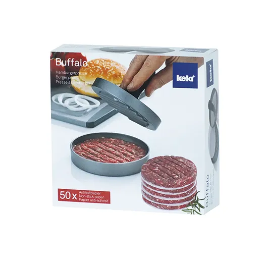 Kela Buffalo Hamburger-Presse mit 50 Patties, Burgerpresse mit Antihaftbeschichtung und Menübeispiel