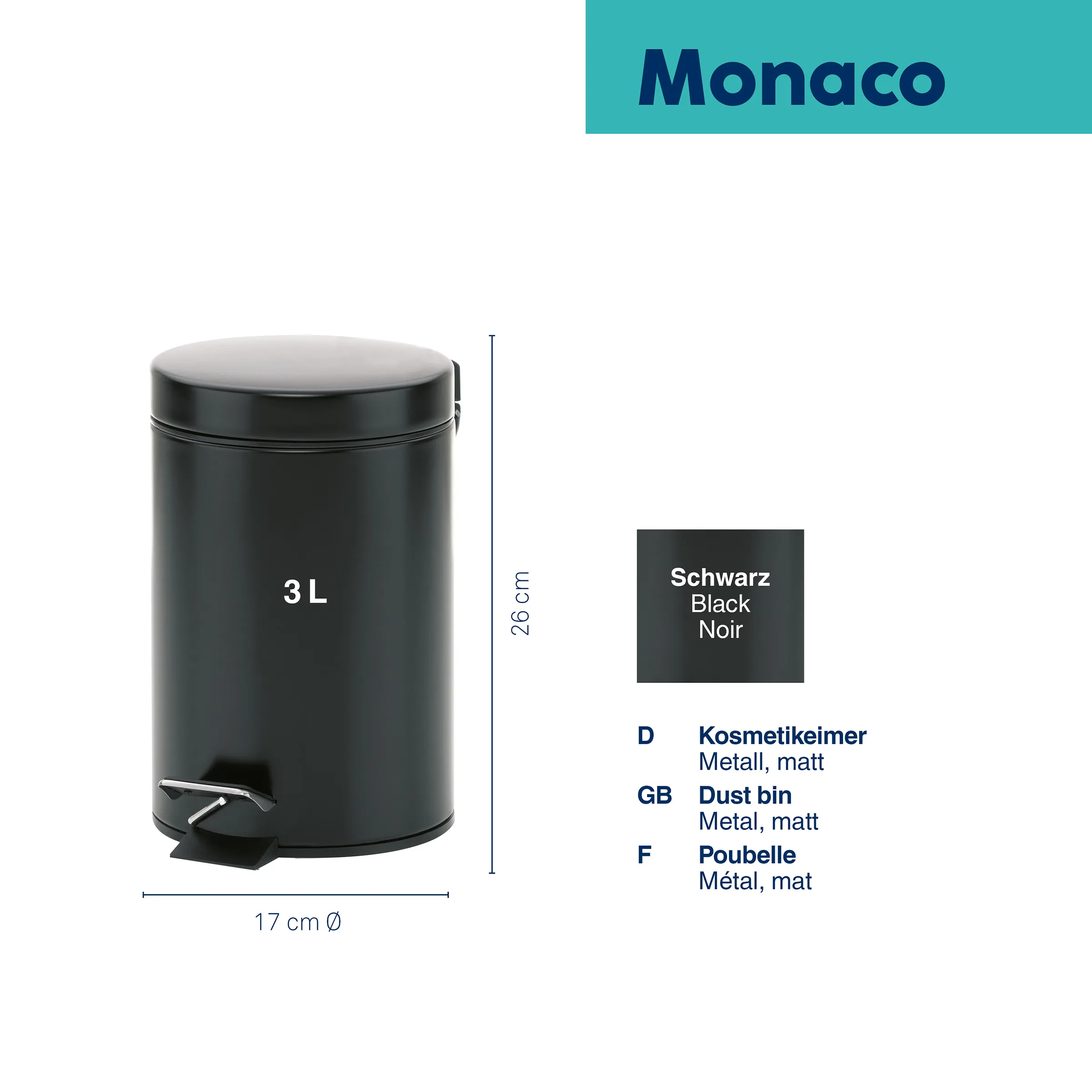 Schwarzer Treteimer Monaco mit 3 Liter Fassungsvermögen, Höhe 26 cm, Durchmesser 17 cm, Metall matt