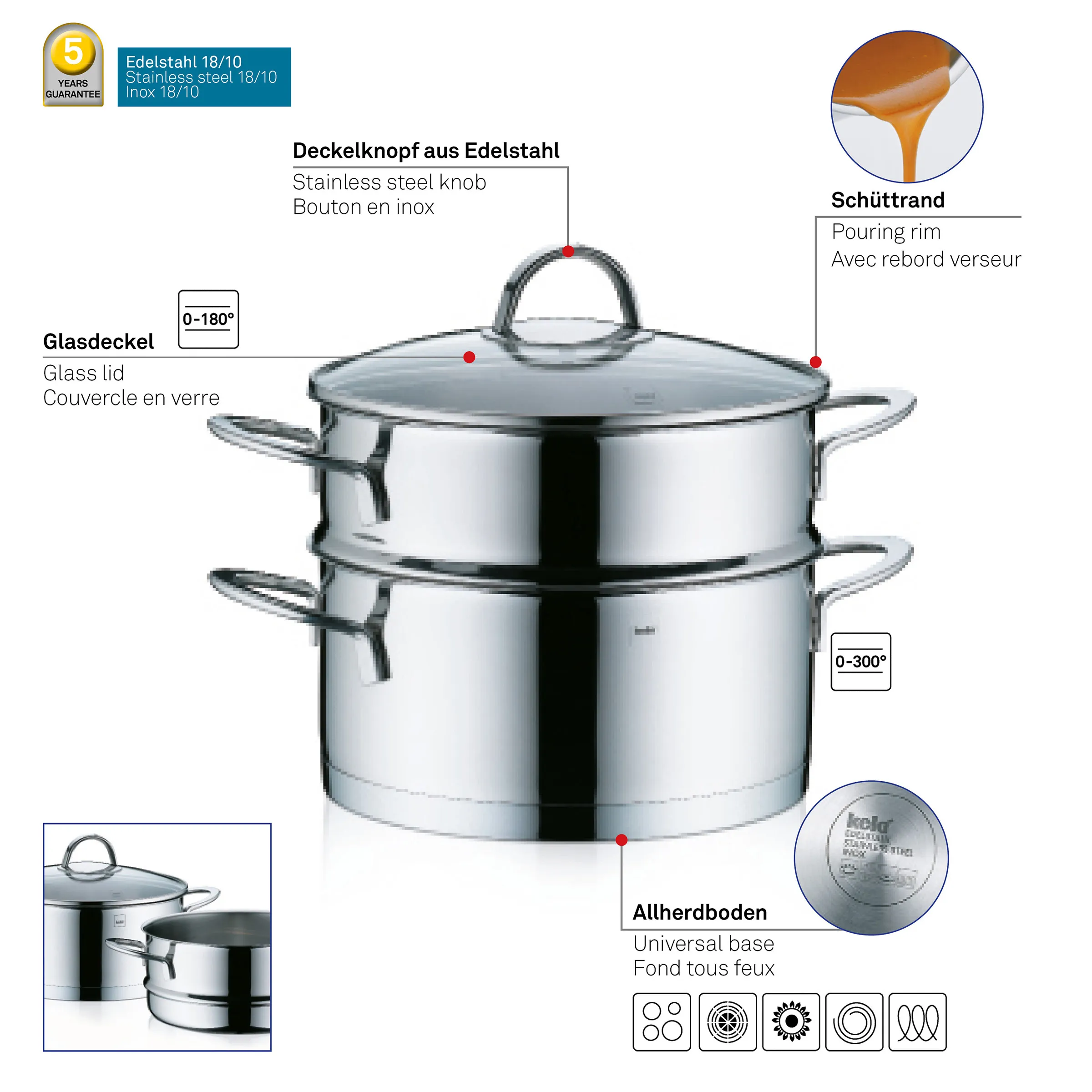 Edelstahl Kochtopf mit Glasdeckel und Schüttrand Edelstahl Kochtopf mit Glasdeckel, Griff und Schüttrand. Zwei Griffe an den Seiten, universal einsetzbar.