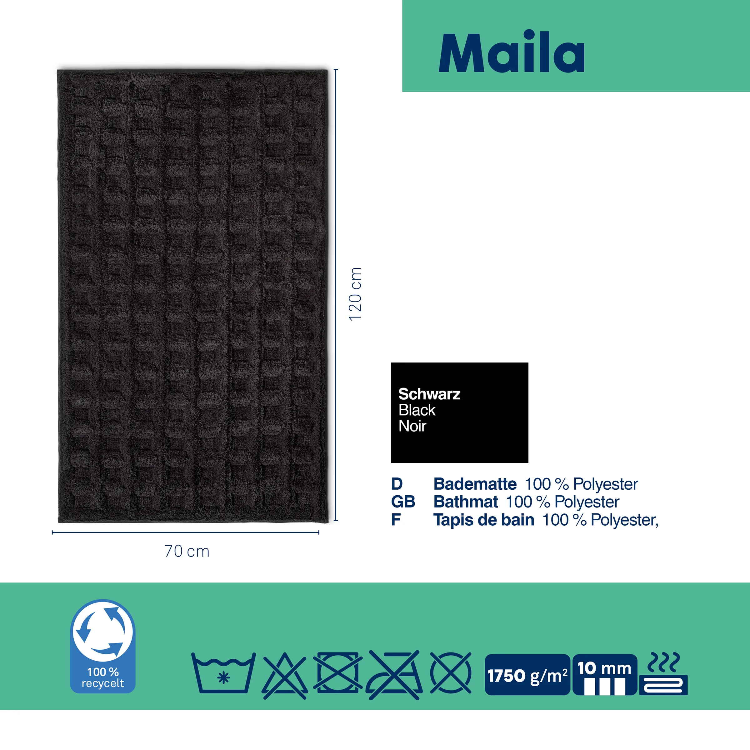 Maila Badematte schwarz 70x120 cm Polyester Schwarze Badematte Maila 70x120 cm aus 100% Polyester mit Waffelmuster und Waschhinweisen