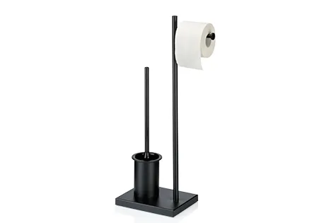 Toilettenbürste mit Papierrollenhalter schwarz Schwarzer Toilettenbürsten- und Papierhalter mit Bürste und Papierrollenhalter an der Wand