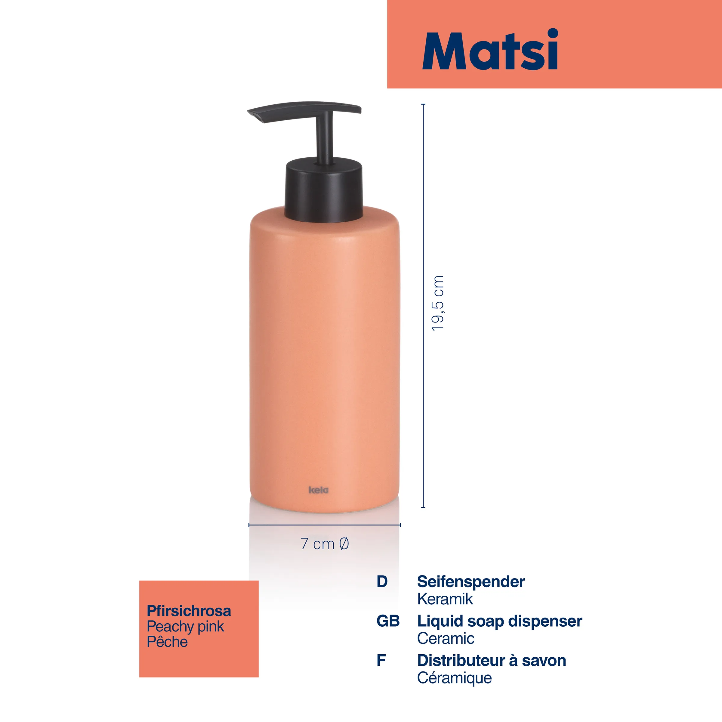 Matsi Seifenspender Keramik Pfirsichrosa - Kela Pumpspender Bad Matsi Seifenspender Keramik Pfirsichrosa 19,5 cm hoch mit schwarzer Pumpe von kela