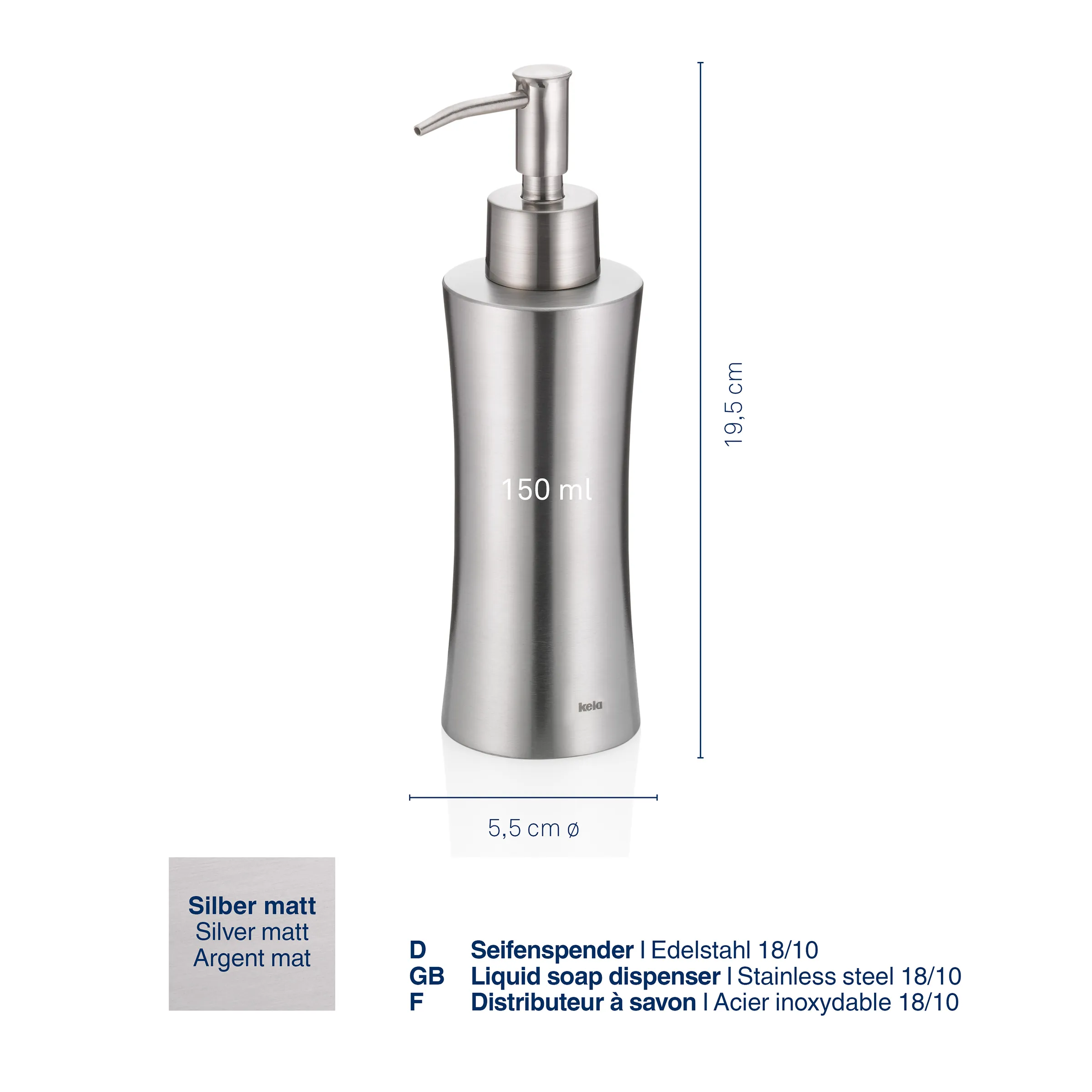 Seifenspender aus Edelstahl 18/10 in Silber matt, 150 ml Inhalt, 19,5 cm Höhe, 5,5 cm Durchmesser