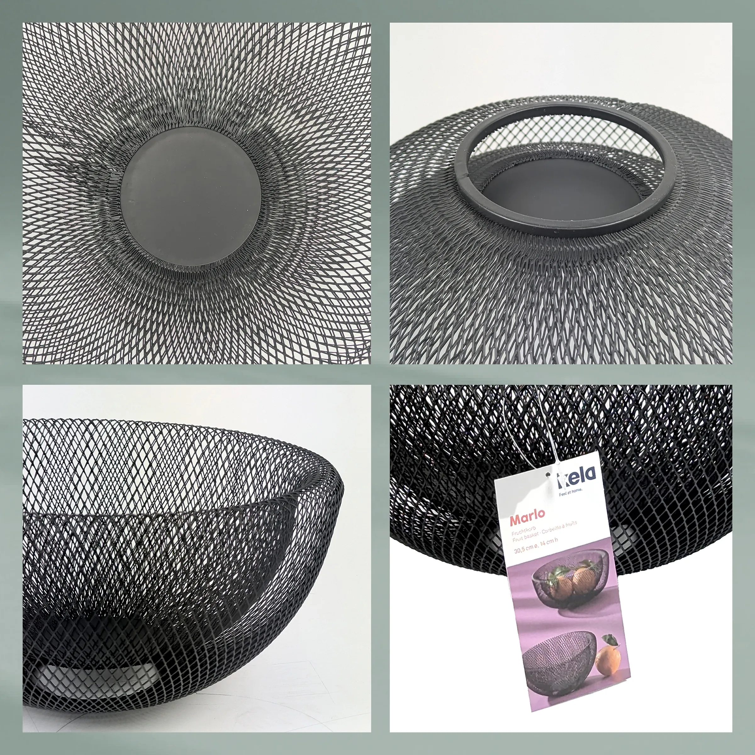 Field Marlo Metallkorb schwarz - Dekorativer Drahtkorb Obstschale Design Schwarzer Metallkorb Marlo von Field in verschiedenen Perspektiven mit Produktetikett