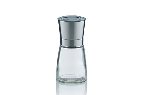 Moderne Gewürzmühle mit Glas-Behälter und Edelstahl-Mahlwerk auf weißem Hintergrund