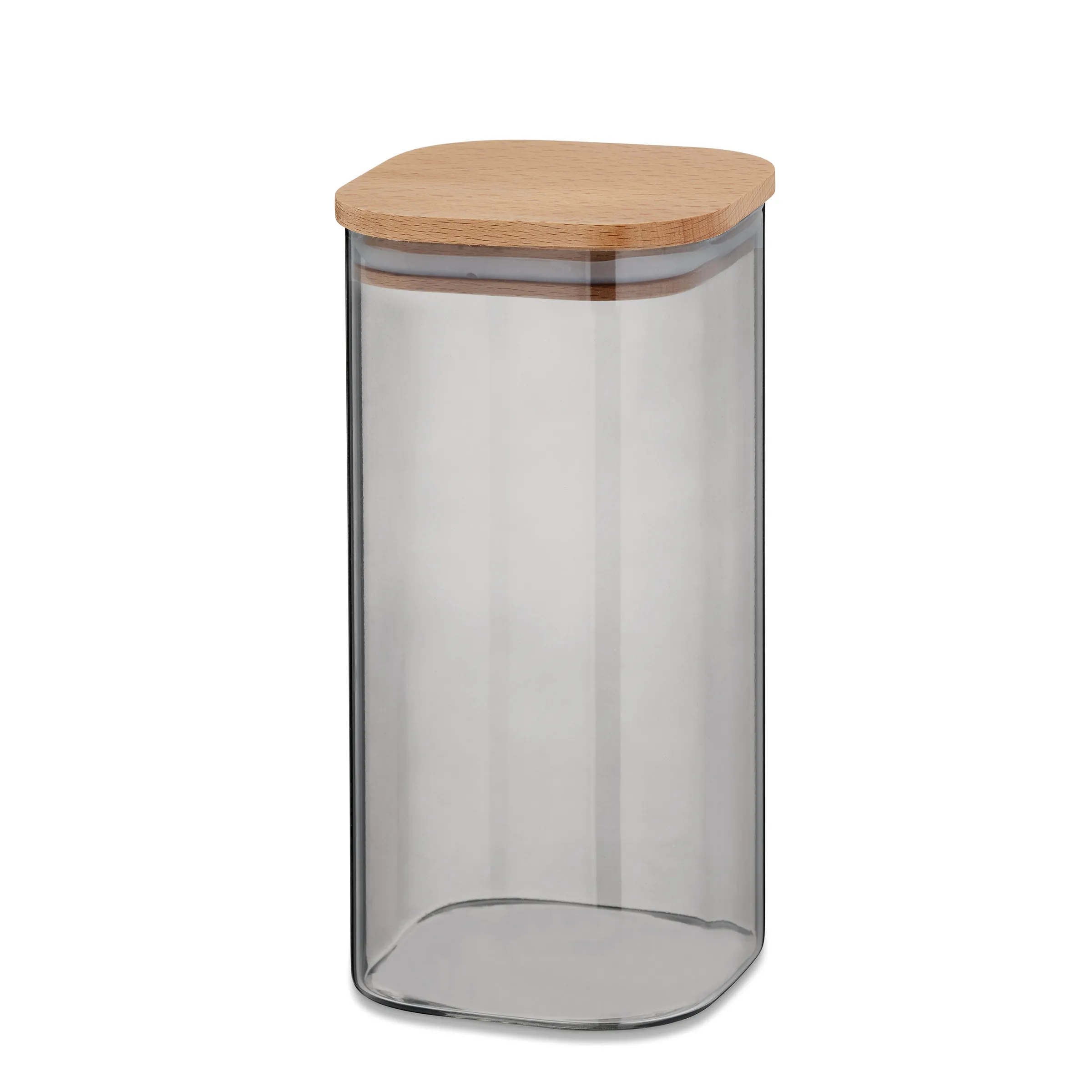 Vorratsdose Glas mit Holzdeckel - moderne Aufbewahrung Küche Vorratsdose aus grauem Glas mit rundem Holzdeckel aus Eiche, transparent und modern