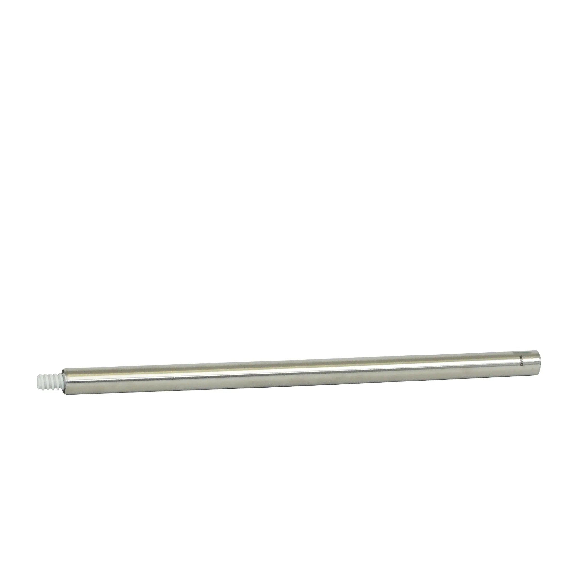 Gewindestift Metall - Präzisions-Verbindungselement Metallischer Gewindestift mit silbernem Schaft und weißem Kunststoffgewinde auf weißem Hintergrund