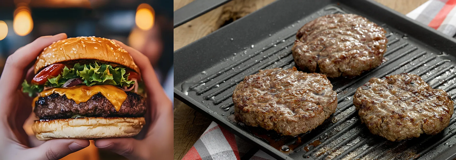 Burger-Herstellung: vom rohen Patty zum fertigen Burger Zwei Bilder: Links ein fertiger Burger mit Käse, Salat und Tomate in einer Hand. Rechts drei rohe Fleischpatties auf einem Grillrost.