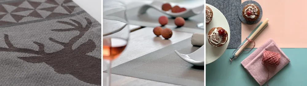 Festliche Tischdekoration mit Desserts und Servietten Stilvolle Tischdekorationen mit Servietten, Süßigkeiten und eleganten Desserts in modernem Design