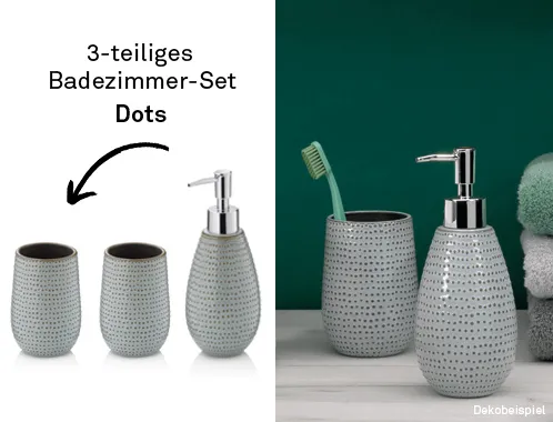 3-teiliges Badezimmer-Set Dots mit gepunkteten Behältern aus Keramik, Zahnbürste und Seifenspender