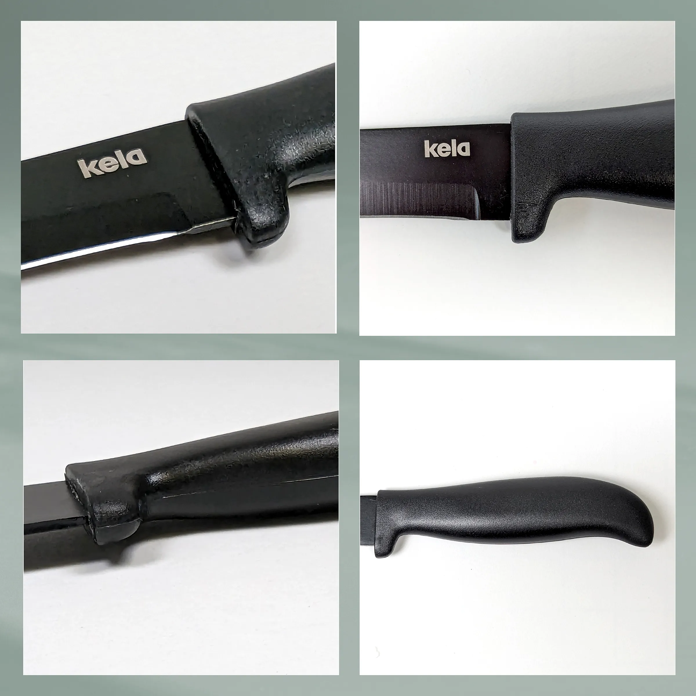 Kela Messerschutz Kunststoff schwarz - Klingenschutz Detail Schwarzer Kela Messerschutz aus Kunststoff in vier Detailansichten mit Markenlogo