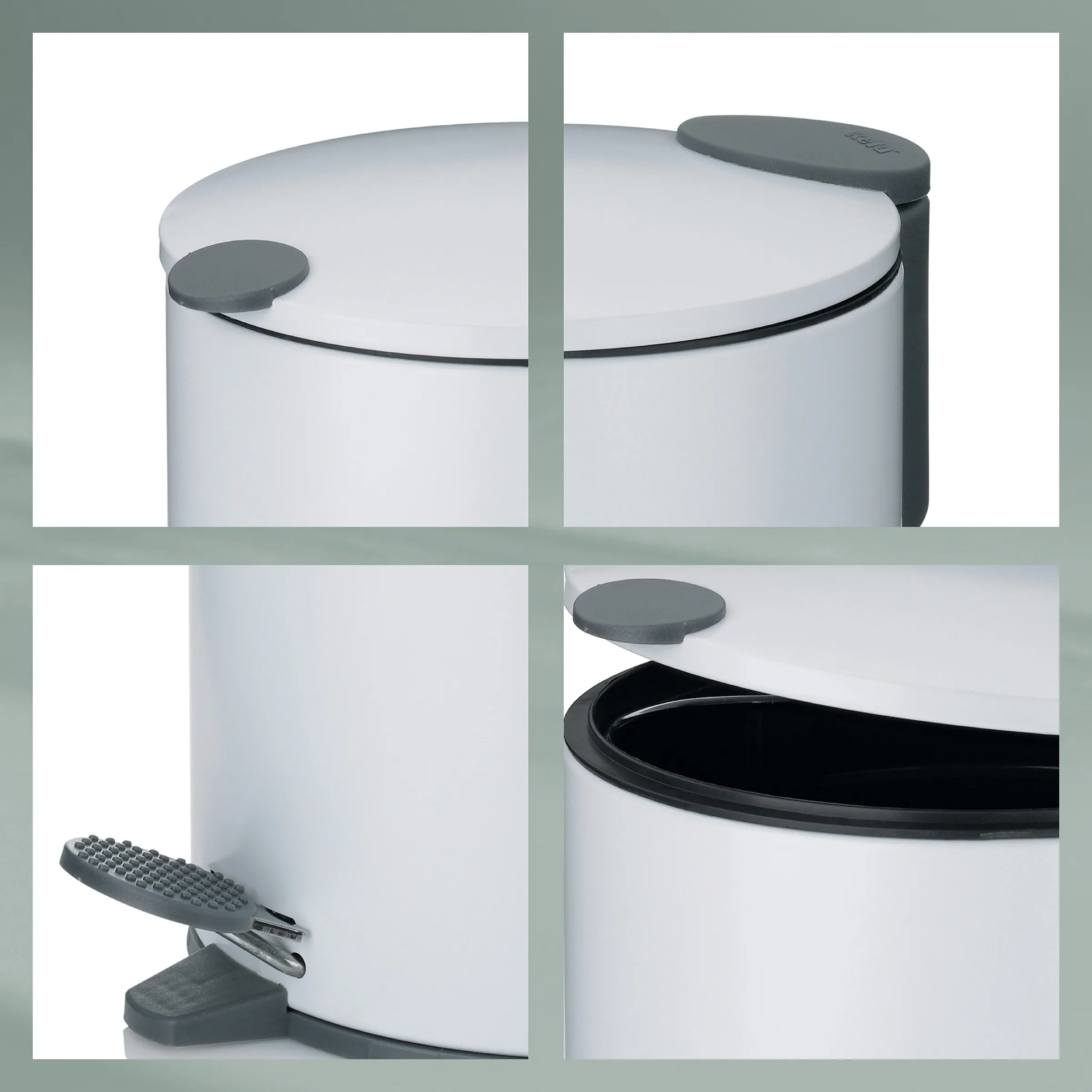 Treteimer mit Soft-Close-Deckel und herausnehmbarem Inneneimer Weißer Mülleimer mit grauem Deckel und Pedal, Detail-Ansichten von Soft-Close-Mechanismus und Inneneimer