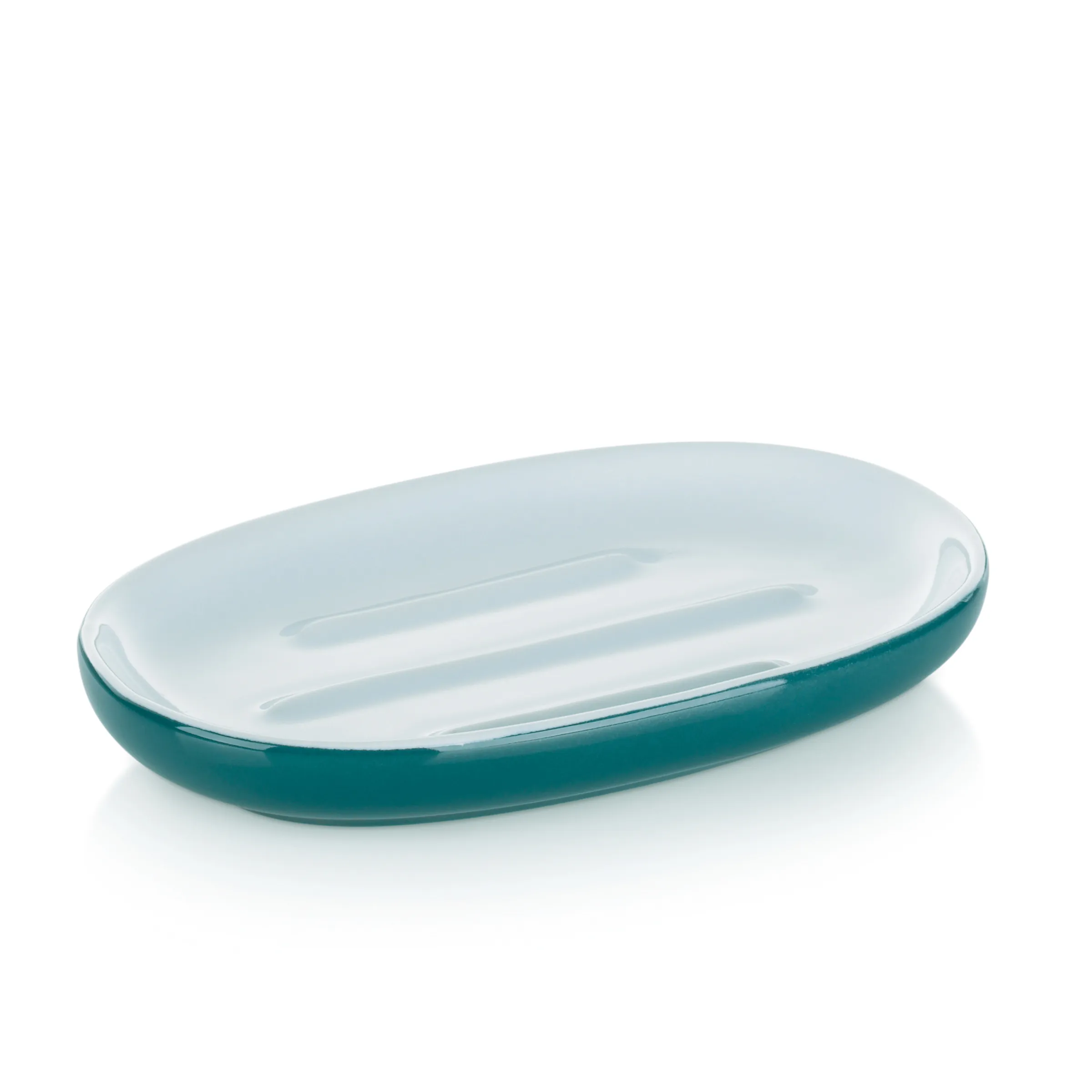Seifenschälchen Glas Türkis - Modernes Badaccessoire Ovales Seifenschälchen aus Glas in Türkis und Weiß mit zwei Rillen zur Seifenablage