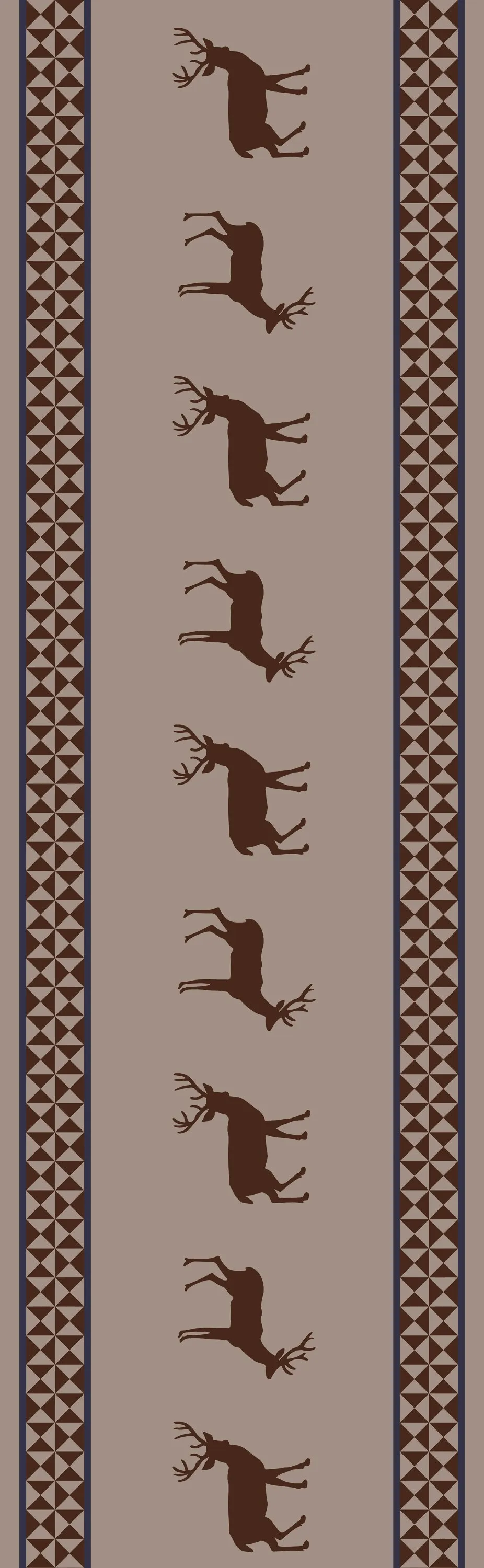 Deer Pattern Fabric with Geometric Design Vertical pattern featuring alternating brown deer silhouettes and geometric triangle borders on beige background
