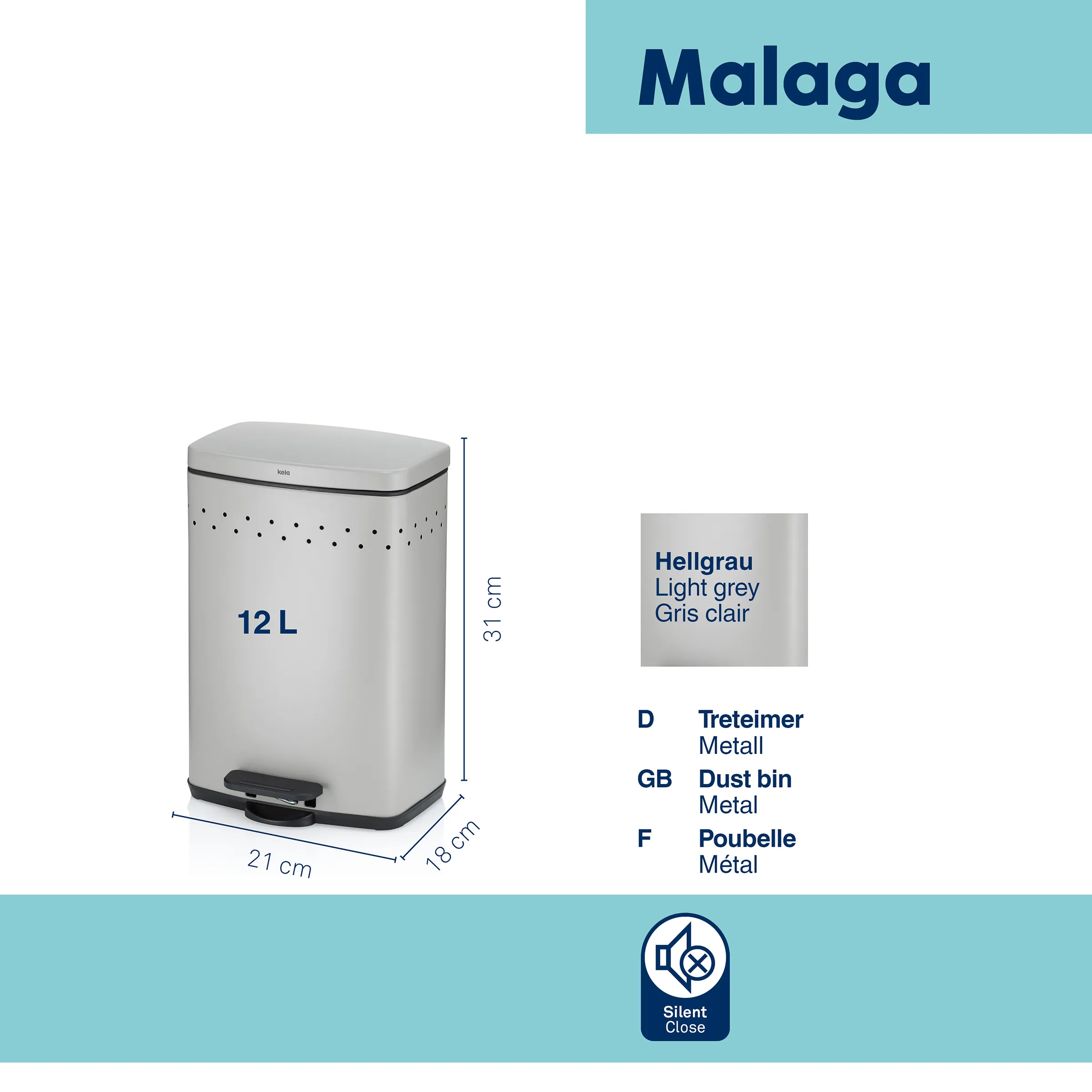 Malaga Tretabfallbehälter 12L Hellgrau - Metall Mülleimer Hellgrauer Metall-Tretabfallbehälter Malaga mit 12 Liter Fassungsvermögen, 31 cm Höhe, 21 cm Breite, 18 cm Tiefe, mit Silent Close Funktion.