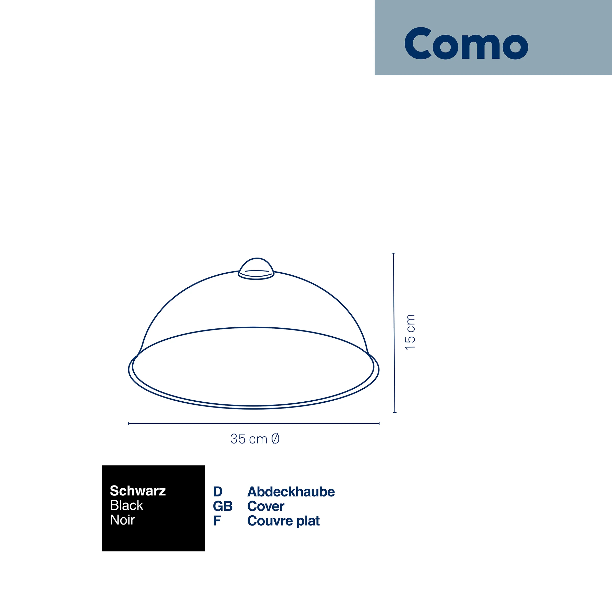 Como Abdeckhaube Schwarz 35 cm Durchmesser Technische Zeichnung einer schwarzen Abdeckhaube Como mit Maßangaben: 35 cm Durchmesser und 15 cm Höhe