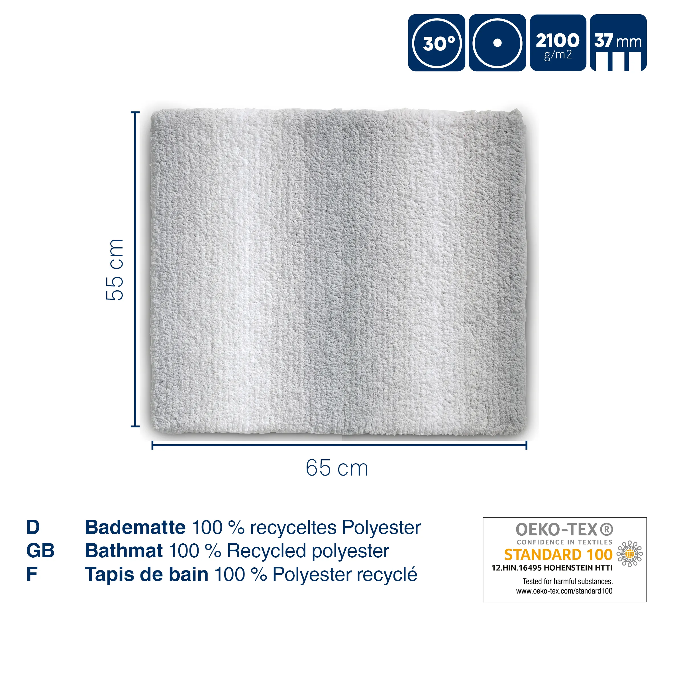 Hellgraue Badematte aus recyceltem Polyester, 65 x 55 cm, 37 mm Flormöhe, 2100 g/m² Gewicht