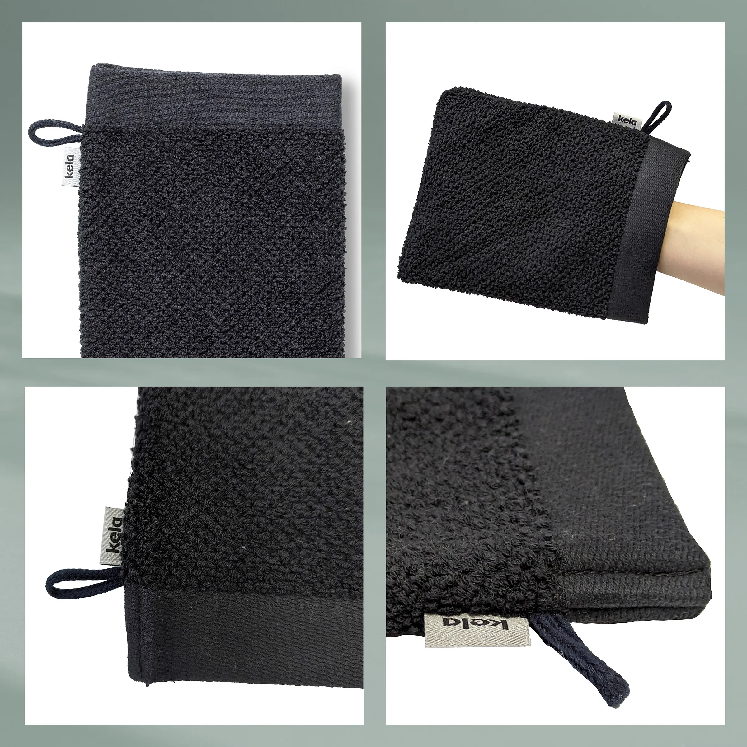 Schwarzer Waschhandschuh Kela - Frottee Waschhandschuh mit Aufhänger Schwarzer Waschhandschuh von Kela mit Aufhängeschlaufe in vier Ansichten auf weißem Hintergrund