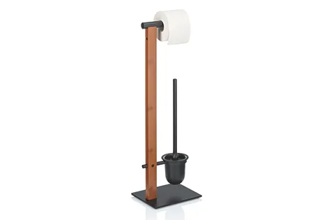 Toilettenbürsten-Set mit Papierhalter Holz Toilettenbürsten- und Papierhalter-Set aus Holz und Metall mit schwarzem Behälter und weißem Papierrollenhalter auf Standfuß