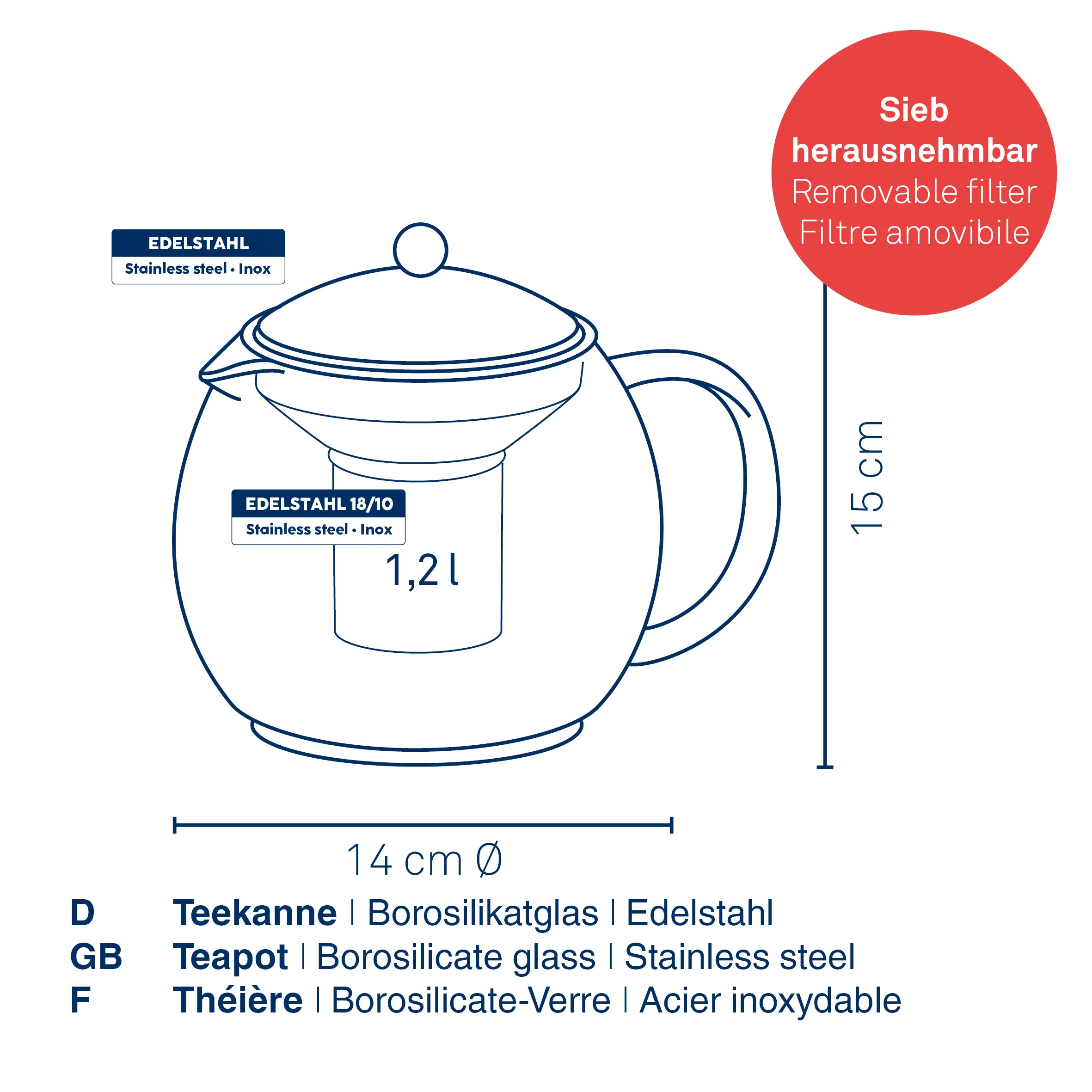Teekanne Borosilikatglas Edelstahl 1,2L mit Sieb Teekanne aus Borosilikatglas mit Edelstahl-Sieb, 1,2 Liter Fassungsvermögen, 14 cm Durchmesser, 15 cm Höhe