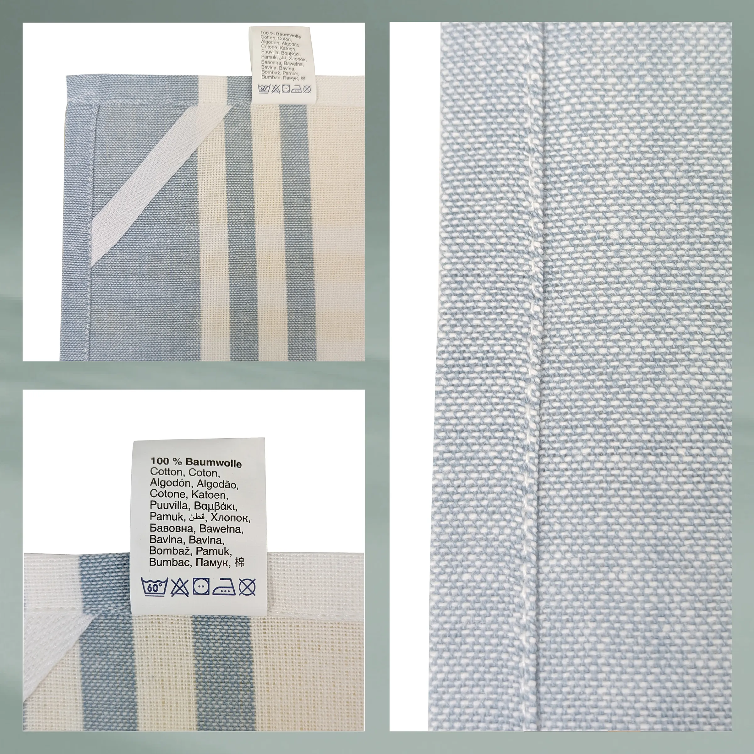 Baumwoll-Handtuch mit Streifenmuster – 100% Baumwolle Webtextur Baumwoll-Handtuch in Blau-Beige mit Streifenmuster, Nahaufnahme der Webtextur und Pflegeetikett