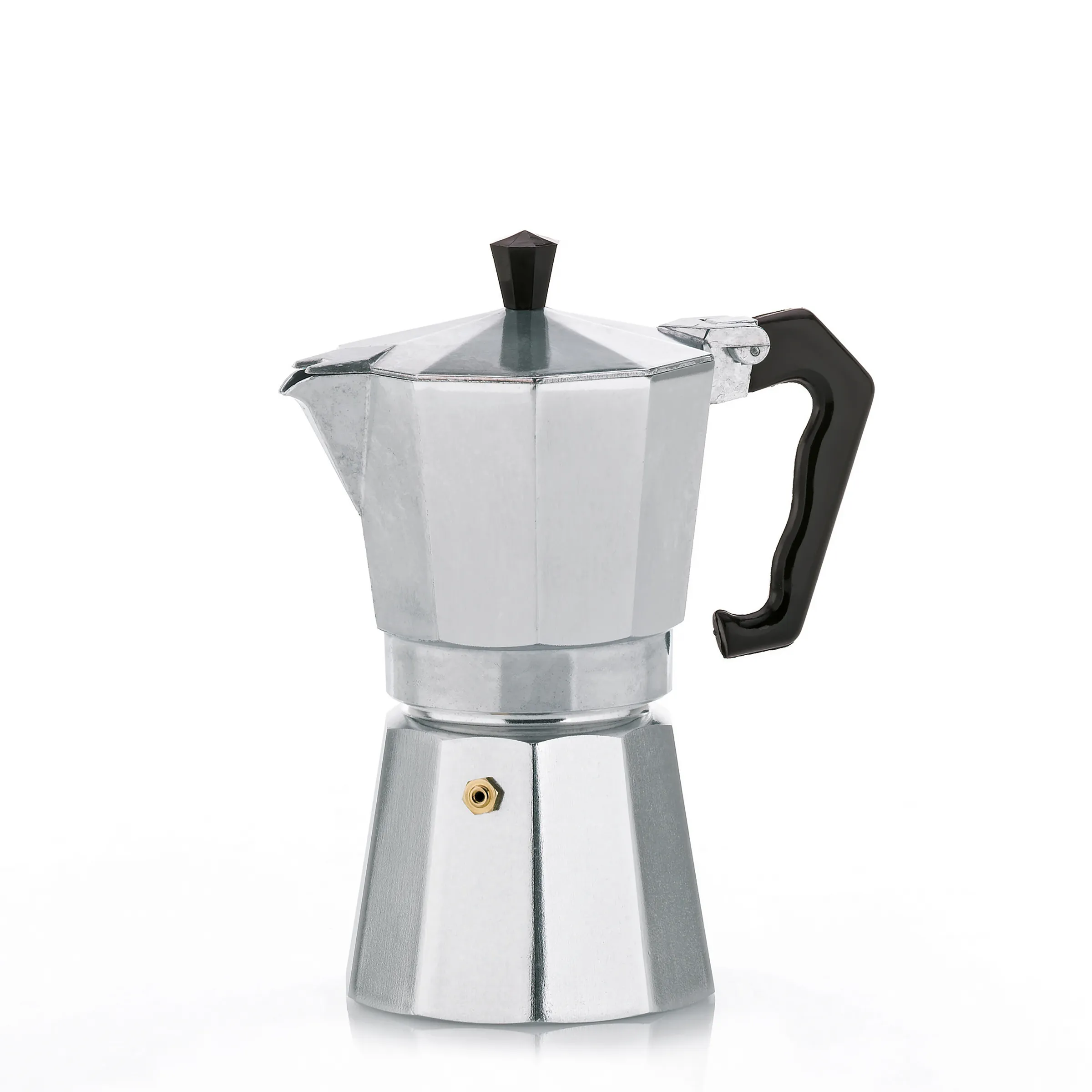 Moka-Kanne Espressokocher italienisch Aluminium Silberne Moka-Kanne mit schwarzem Griff und Deckel, klassisches italienisches Espresso-Kochset auf weißem Hintergrund