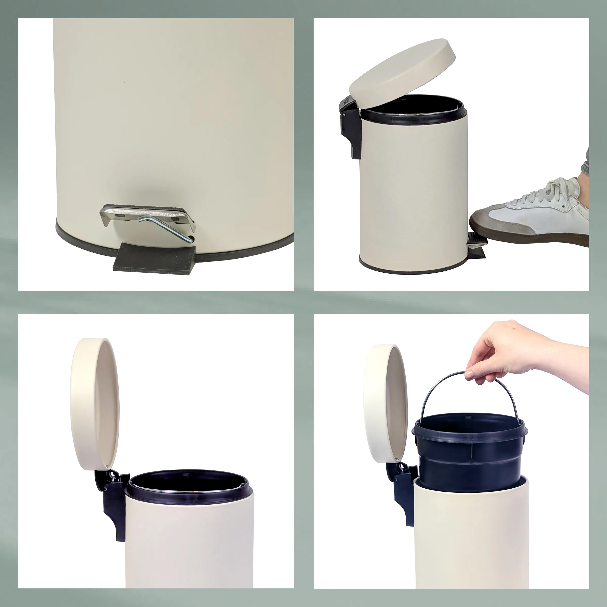 Treteimer Edelstahl creme – moderner Mülleimer mit Fußpedal Creme-farbener Treteimer mit schwarzem Deckel und Fuß-Trittmechanismus, gezeigt in vier verschiedenen Positionen und Verwendungsszenen.