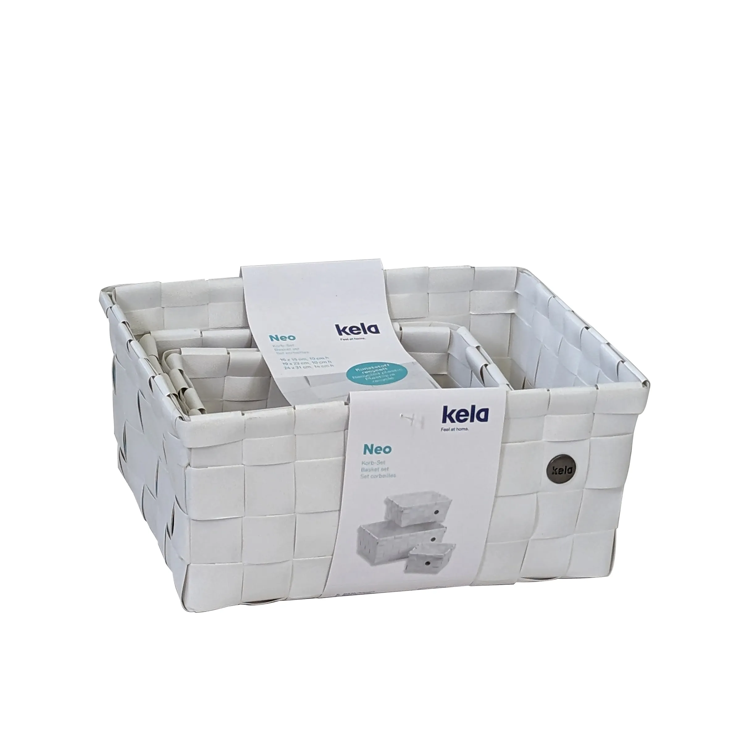 Kela Neo Korb-Set Weiß - Aufbewahrungskorb mit Unterteilungen Weiße Kela Neo Korb-Set mit Unterteilungen und Produktverpackung, ideal zur Aufbewahrung und Organisation.