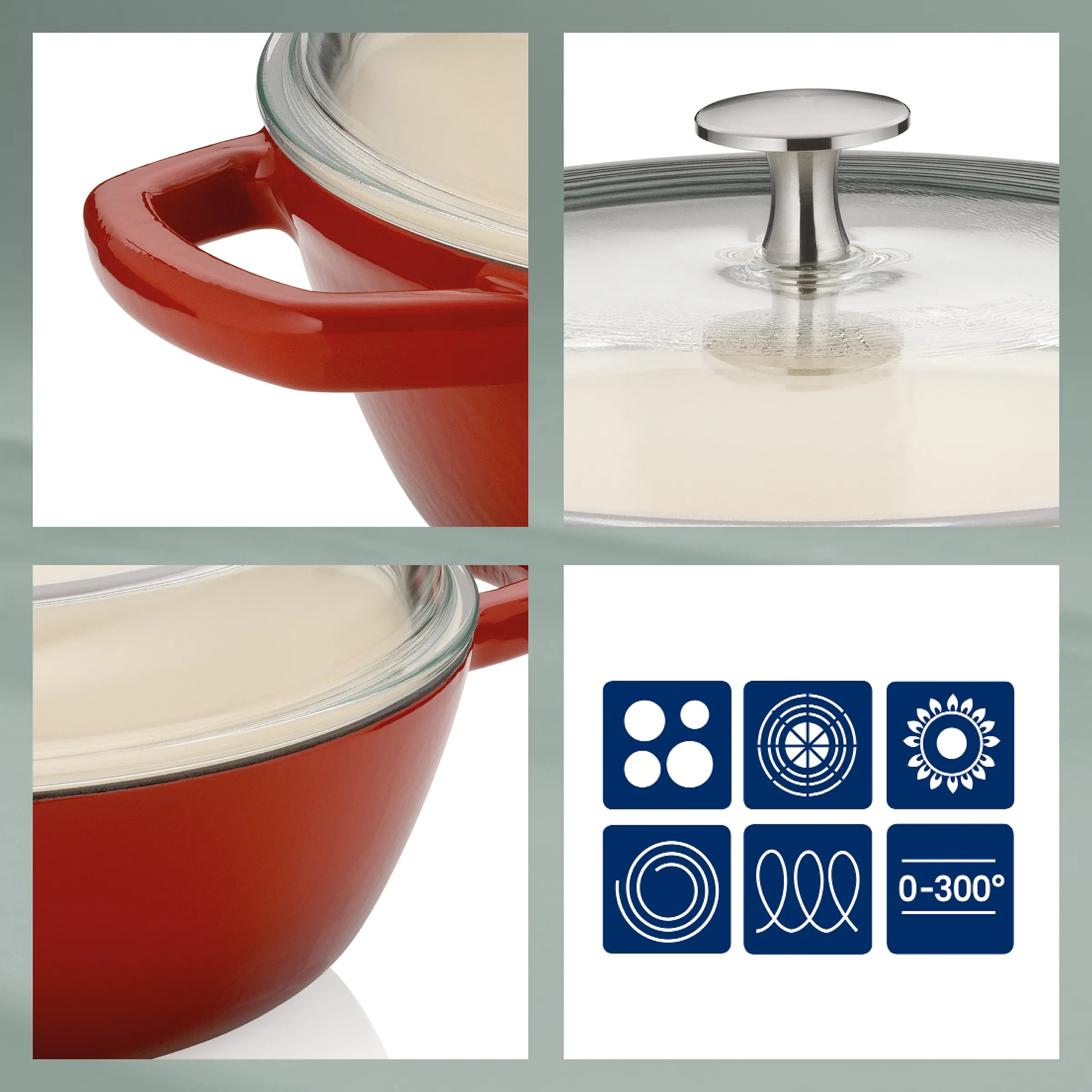 Emaillierter Kochtopf mit Glasdeckel - Induktion geeignet bis 300°C Roter emaillierter Kochtopf mit Glasdeckel und Edelstahlgriff, Symbole zeigen Herdkompatibilität bis 300°C