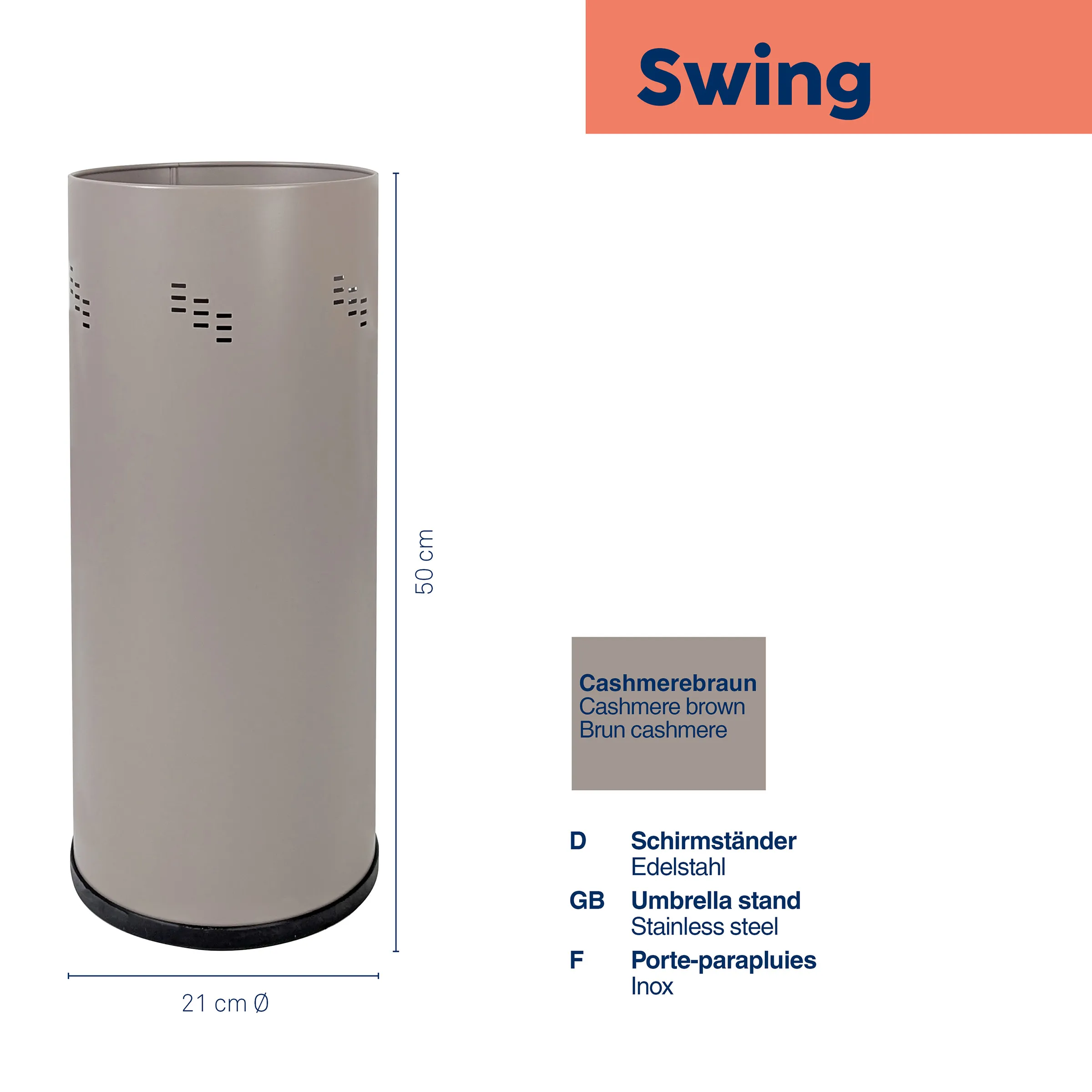 Swing Schirmständer Cashmerebraun aus Edelstahl, 50 cm hoch, 21 cm Durchmesser, mit dekorativen Schlitzen