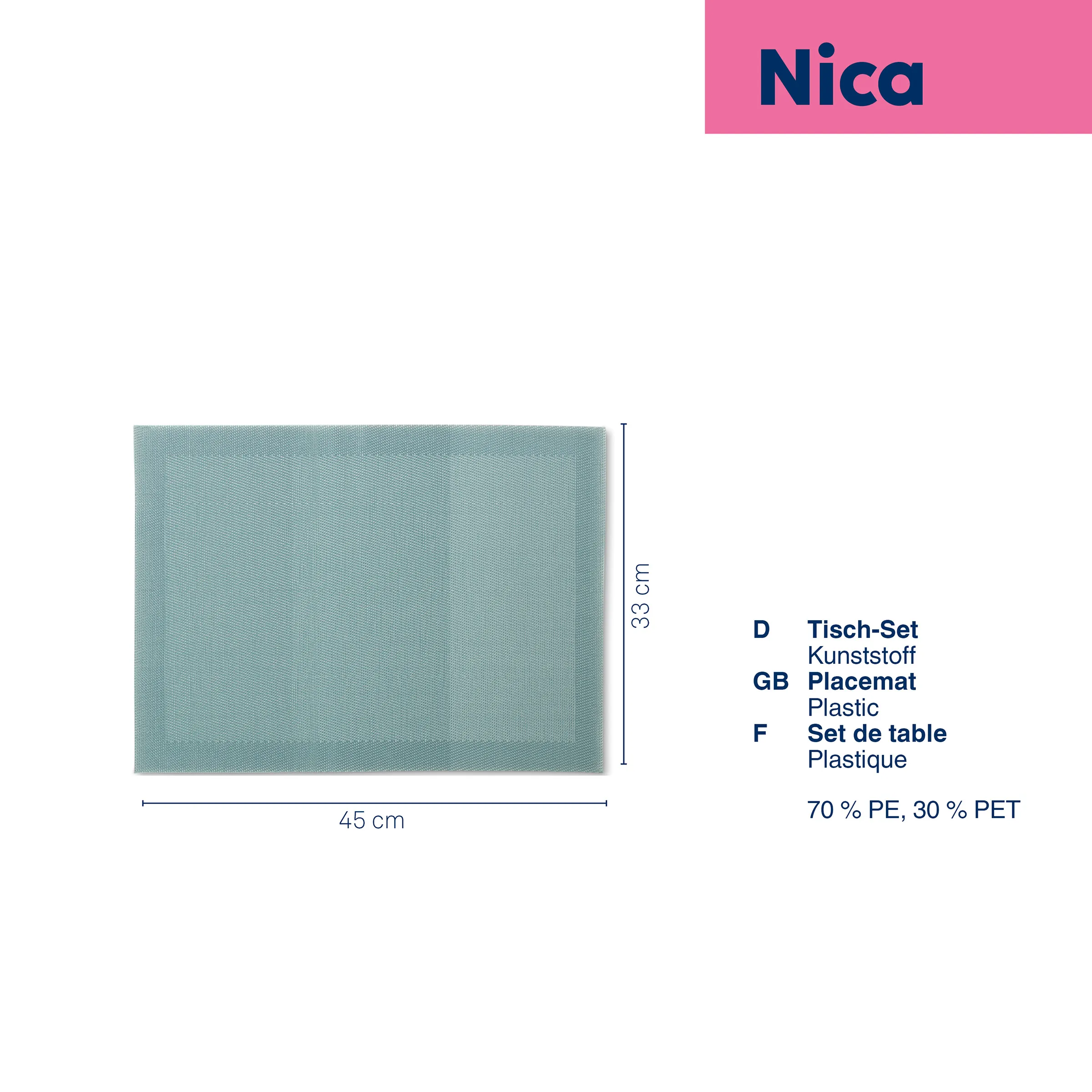 Nica Tisch-Set aus hellblauem Kunststoff mit Abmessungen 45 cm Breite und 33 cm Höhe, Placemat-Design