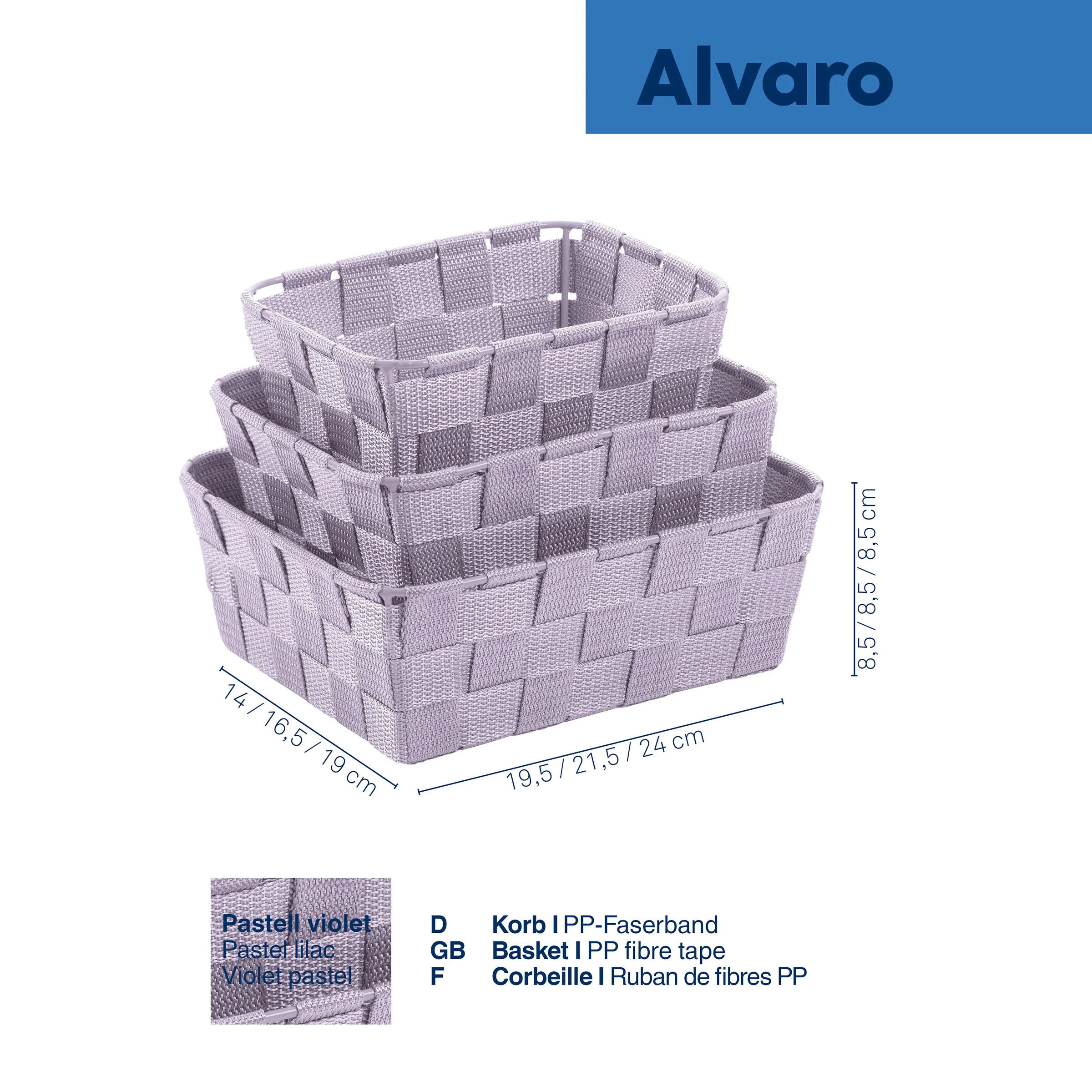 Alvaro Aufbewahrungskorb violett PP-Faserband Alvaro Aufbewahrungskorb-Set aus violettem PP-Kunststoff mit Flechtmuster, drei verschachtelte Größen