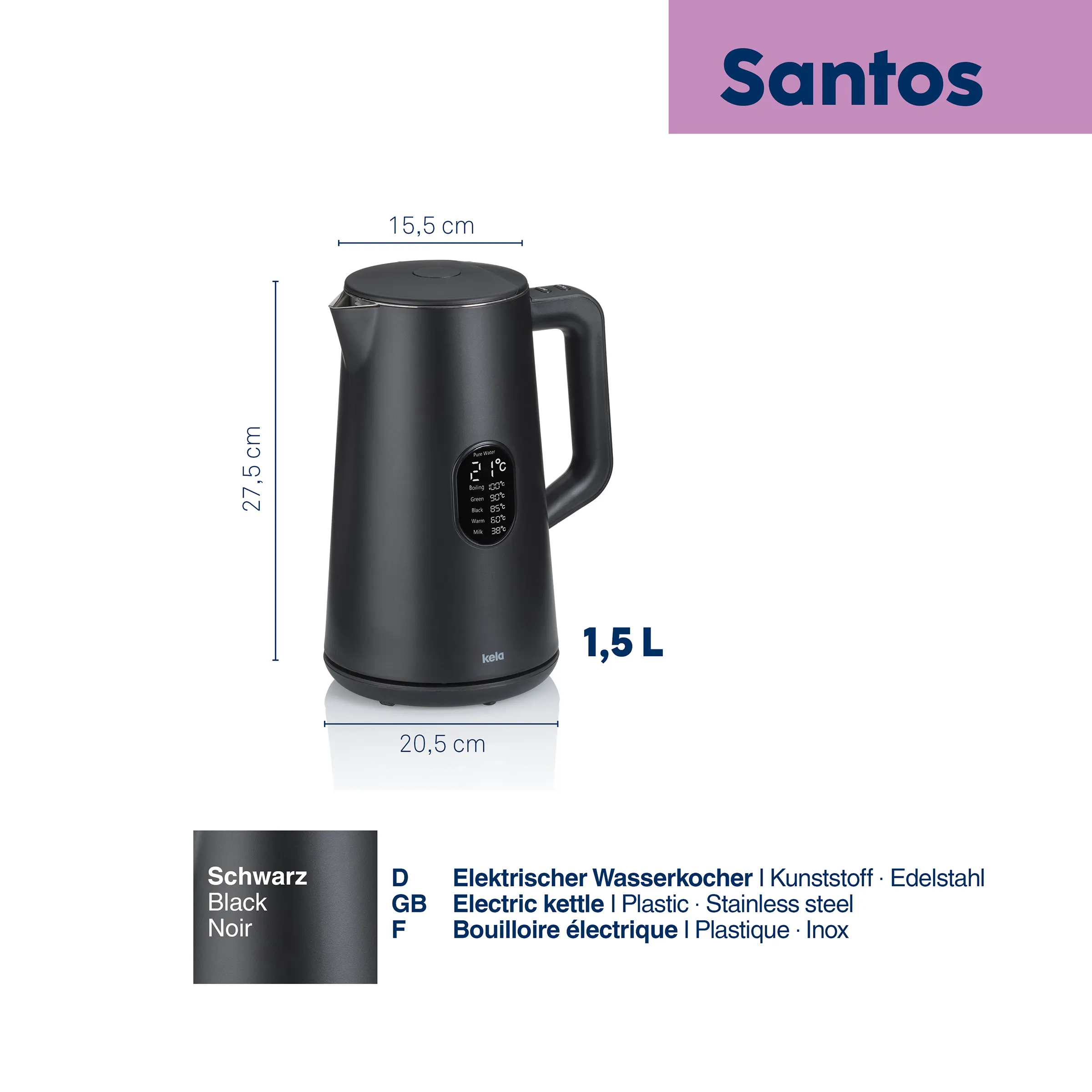 Santos Elektrischer Wasserkocher Schwarz 1,5L Kunststoff Edelstahl Kela Schwarzer elektrischer Wasserkocher Santos von Kela, 1,5 L Fassungsvermögen, mit Maßangaben und Temperaturanzeige