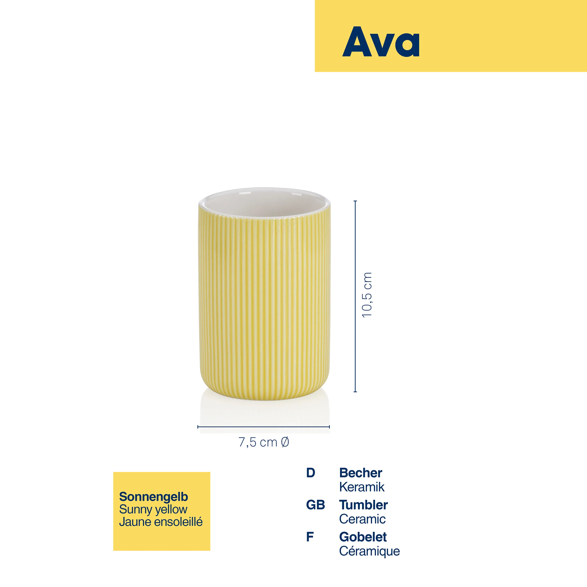 Keramikbecher Ava Sonnengelb – Moderner Becher mit gerillter Oberfläche Sonnengelber Keramikbecher Ava mit gerillter Oberfläche, 10,5 cm hoch und 7,5 cm Durchmesser