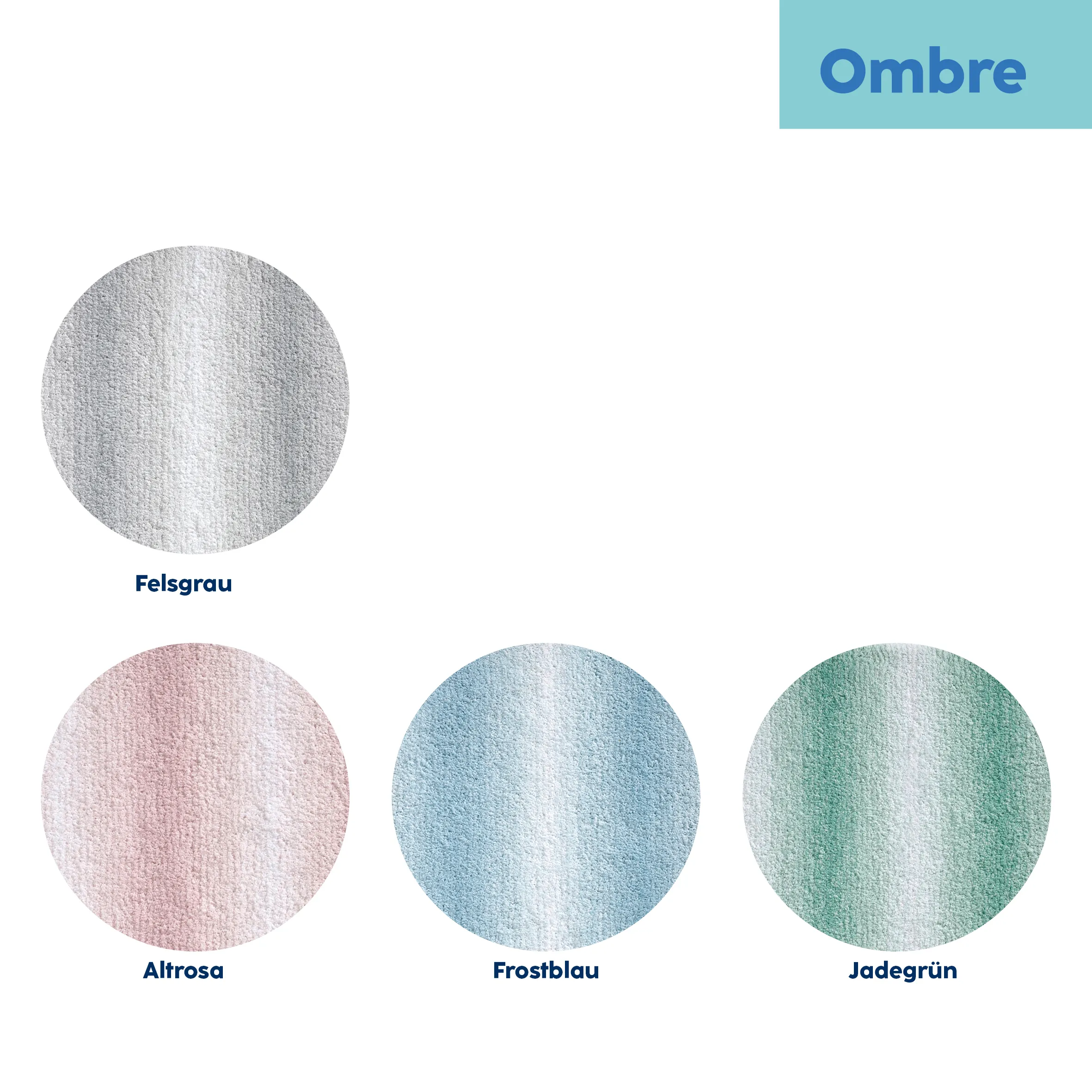 Vier runde Farbmuster in Felsgrau, Altrosa, Frostblau und Jadegrün mit Ombre-Farbverlauf