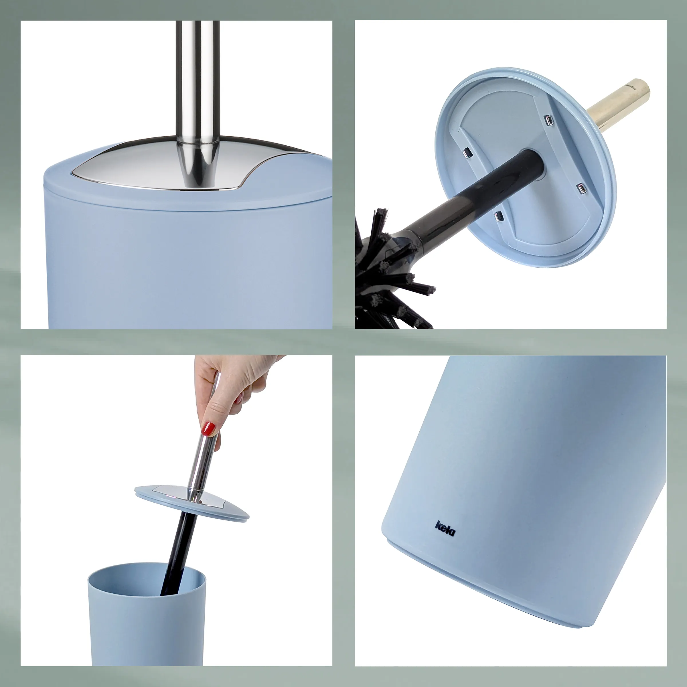 Blauer Toilettenbürsten-Behälter mit Deckel und schwarzem Griff, gezeigt von verschiedenen Winkeln mit Details
