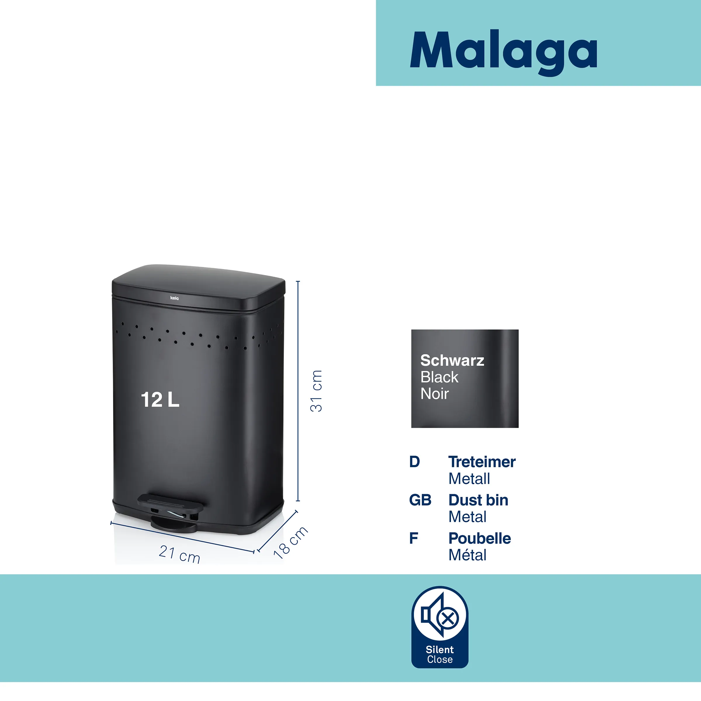 Schwarzer 12L Treteimer Malaga mit Maßangaben: 21cm Breite, 18cm Tiefe, 31cm Höhe. Aus Metall mit leiser Schließfunktion.