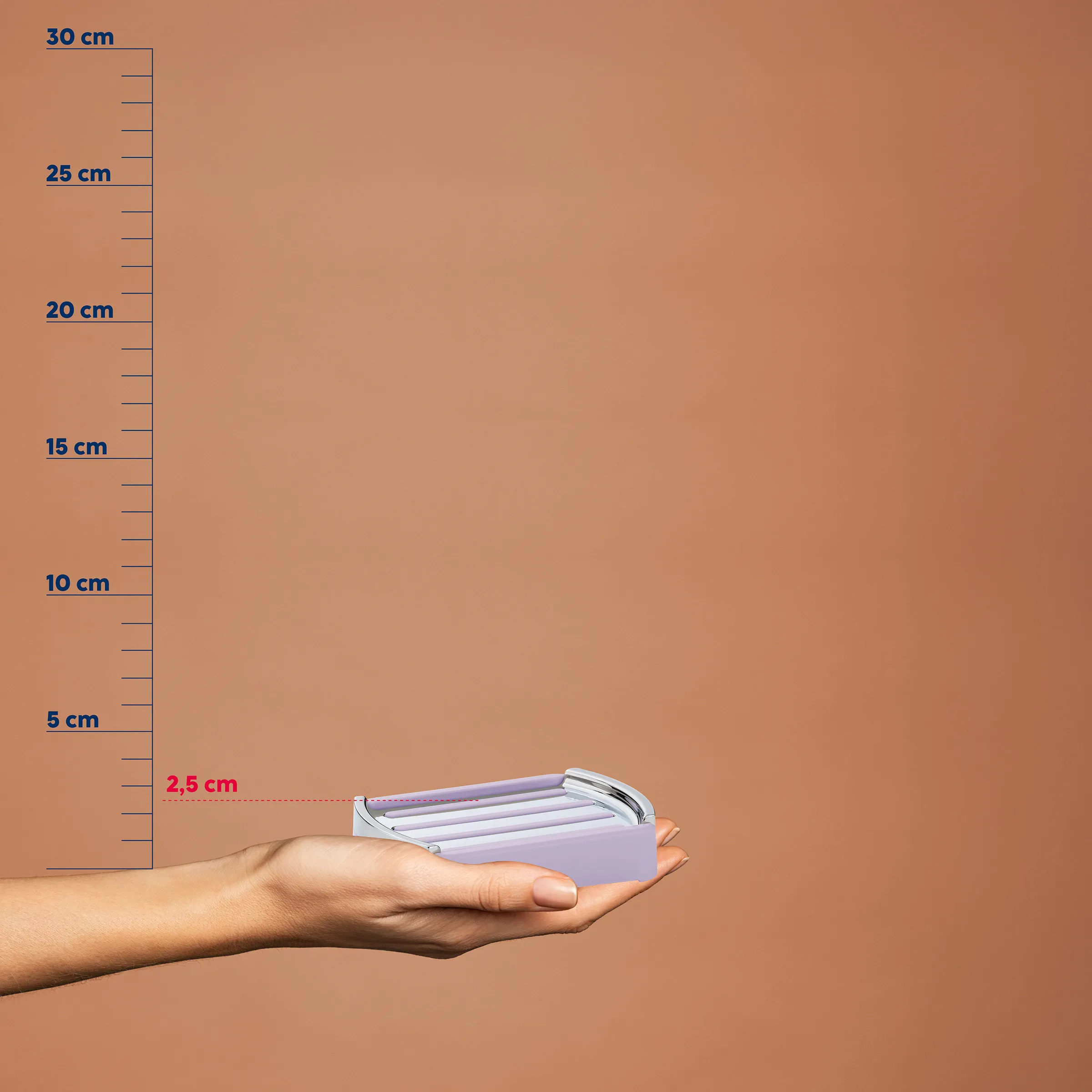 Kompakte Aufbewahrungsbox mit Größenvergleich – 2,5 cm Höhe Kleine lilafarbene Box mit Messskala von 0 bis 30 cm wird in einer Hand gehalten. Höhe 2,5 cm sichtbar markiert.