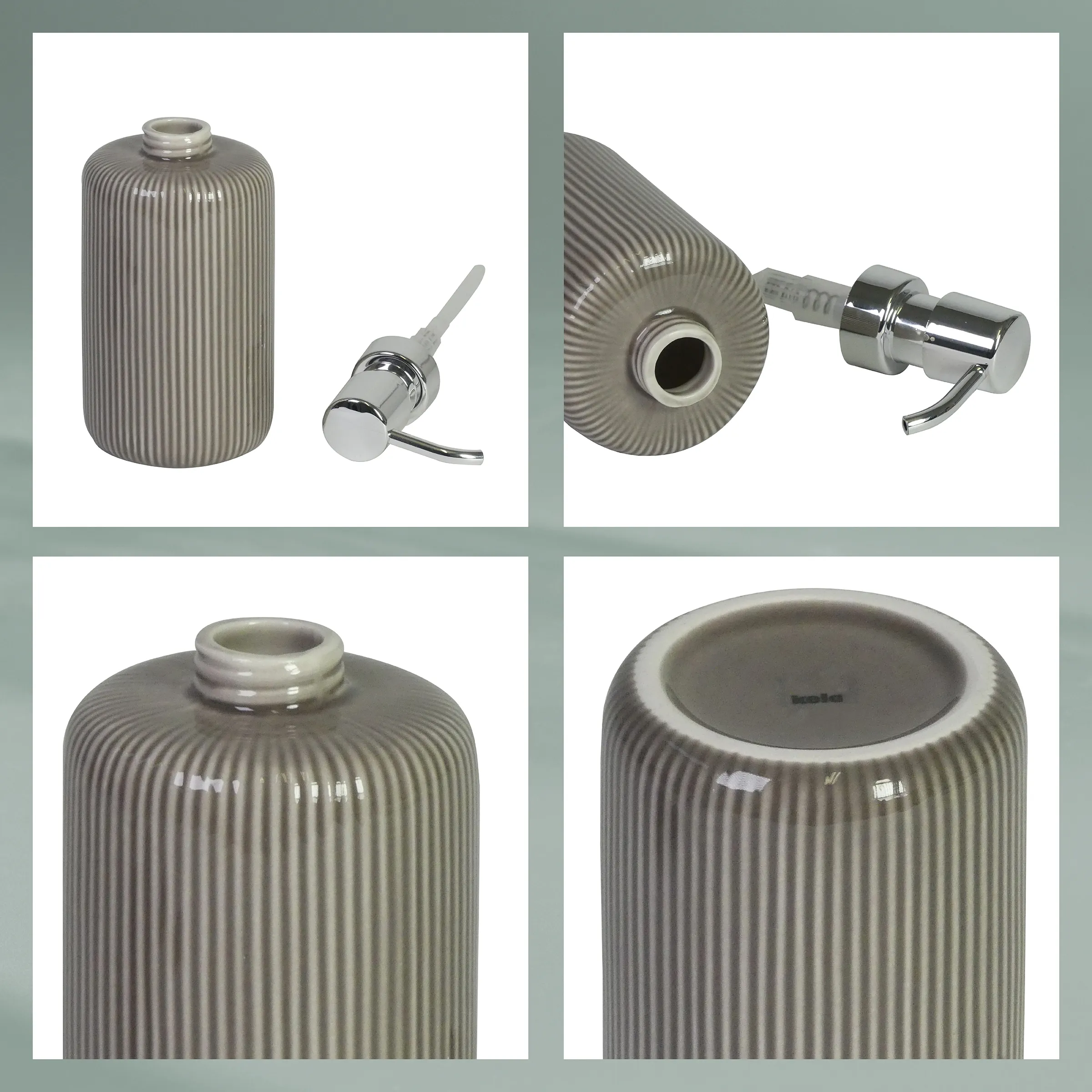 Keramik Diffuser mit Pumpmechanismus Gerippter Keramik-Diffuser mit Holzstab und Pumpzerstäuber in verschiedenen Ansichten von oben, vorne und hinten.