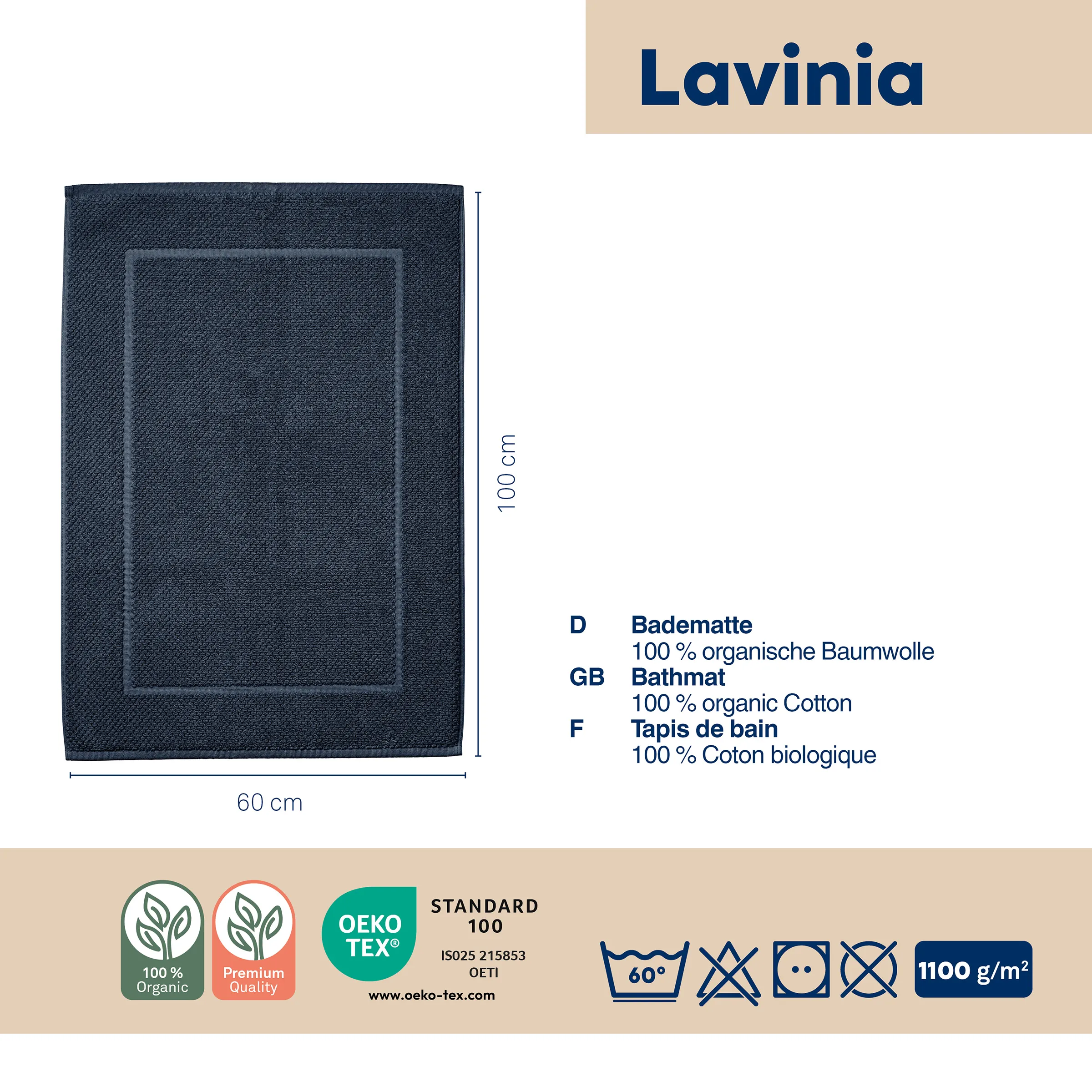 Lavinia Bio-Baumwolle Badematte 60x100cm OEKO-TEX zertifiziert dunkelblau Lavinia Badematte dunkelblau 60x100cm aus 100% Bio-Baumwolle mit OEKO-TEX Standard 100 Zertifizierung