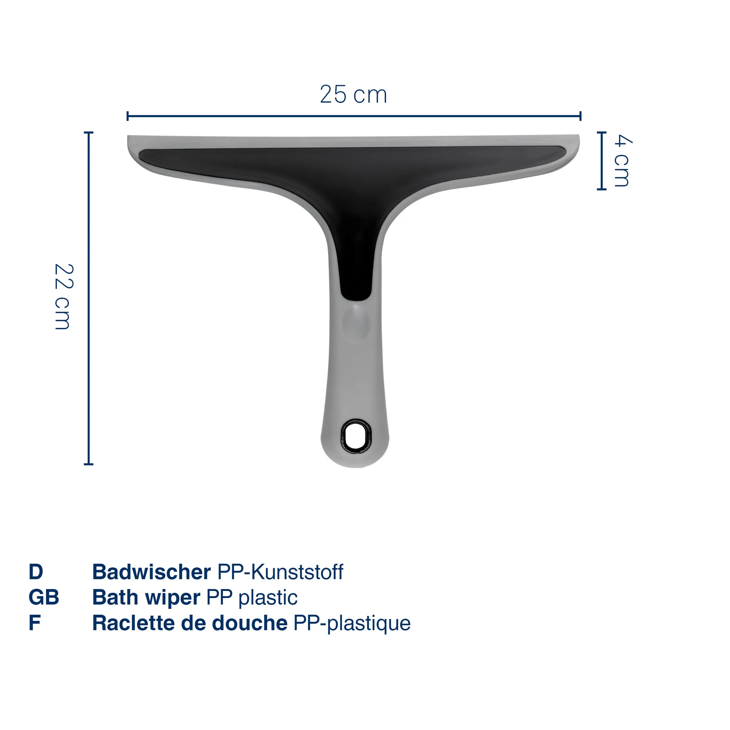 Badwischer aus PP-Kunststoff in grau-schwarz, 25 cm breit, 22 cm hoch, mit ergonomischem Griff