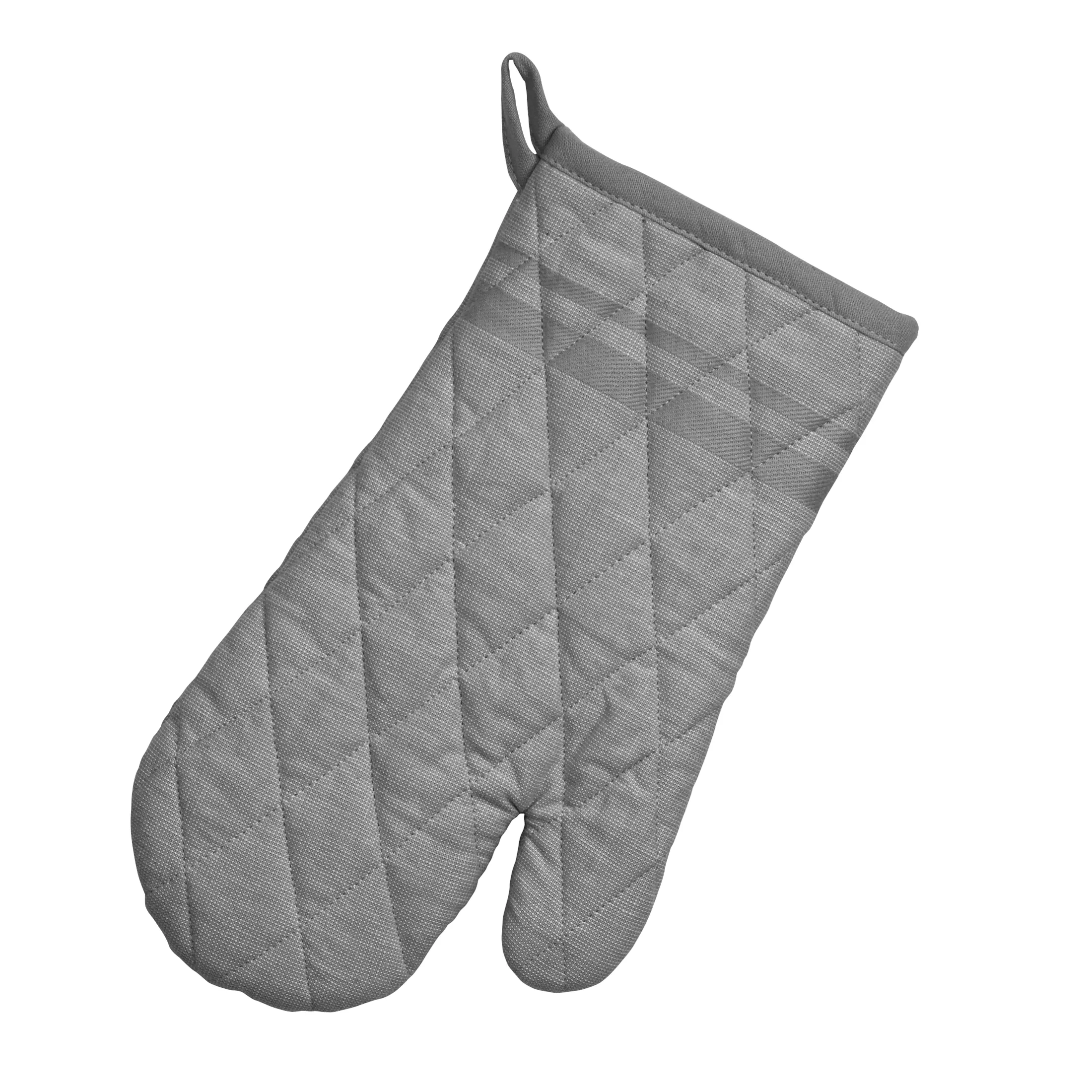 Grauer Ofenhandschuh mit Wattierung und Schleife zum Aufhängen, isoliert auf weißem Hintergrund.