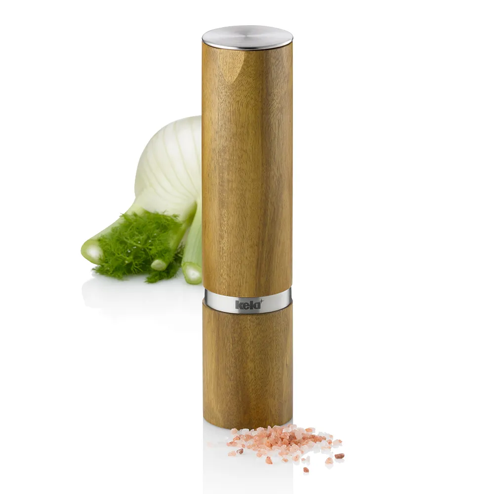 Pfeffermühle Holz - Gewürzmühle mit Metalldrehverschluss Holzpfeffermühle mit Metalldrehverschluss neben Gurke und Himalaya-Salzkristallen