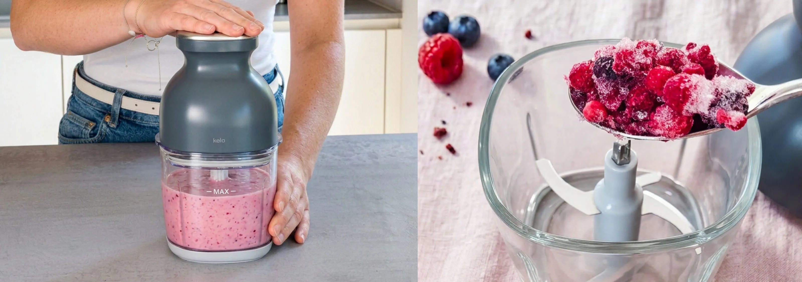 Kela Smoothie Maker: Tragbare Blendmaschine für Beeren-Smoothies Portable Blendmaschine mit Beeren-Smoothie wird von Hand gehalten, daneben Himbeeren und Blaubeeren