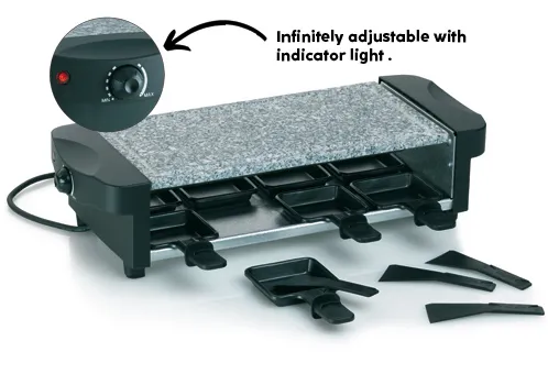 Raclette Grill with Granite Plate and Temperature Control Raclette grill featuring granite plate, adjustable temperature control with indicator light, includes scrapers and serving pans.