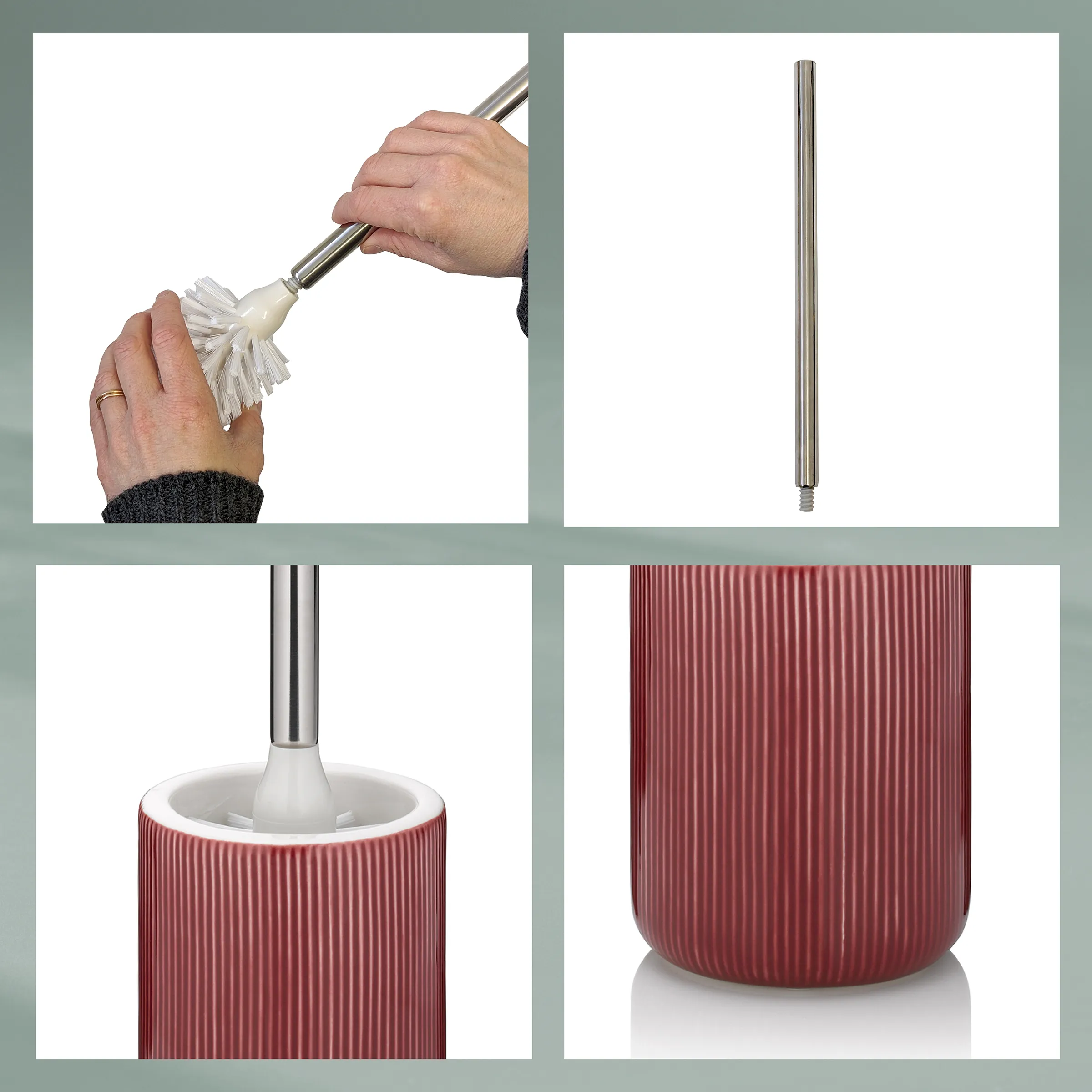 WC-Bürste mit Halter Keramik Rot – Toilettenbürste Edelstahl WC-Bürstengarnitur in Rot mit Edelstahlstiel und Keramikbehälter, Detailansichten von Bürste und Halter