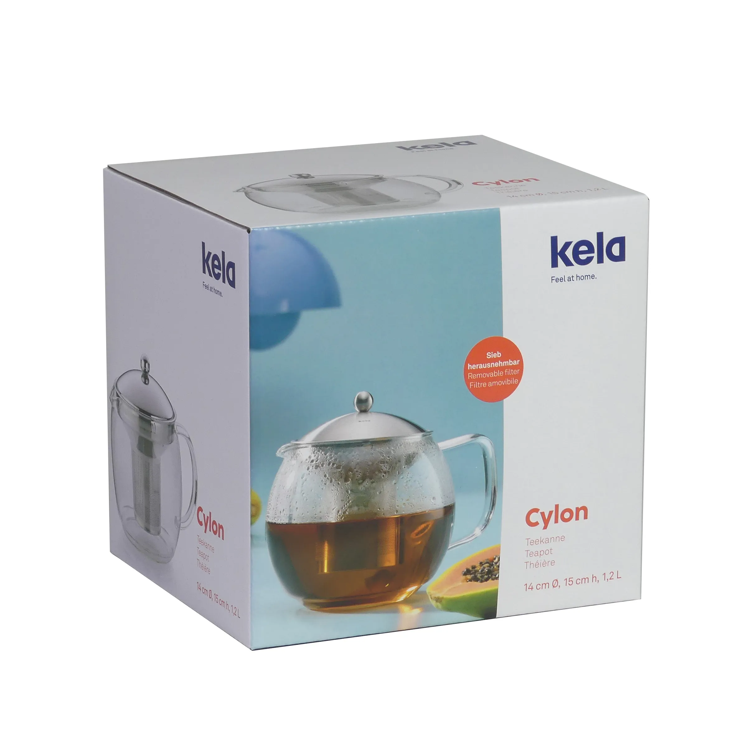 Kela Cylon Teekanne Glas 1,2L mit Teesieb Kela Cylon Teekanne aus Glas mit Deckel und Griff, gefüllt mit Tee, auf blauem Hintergrund in Produktverpackung