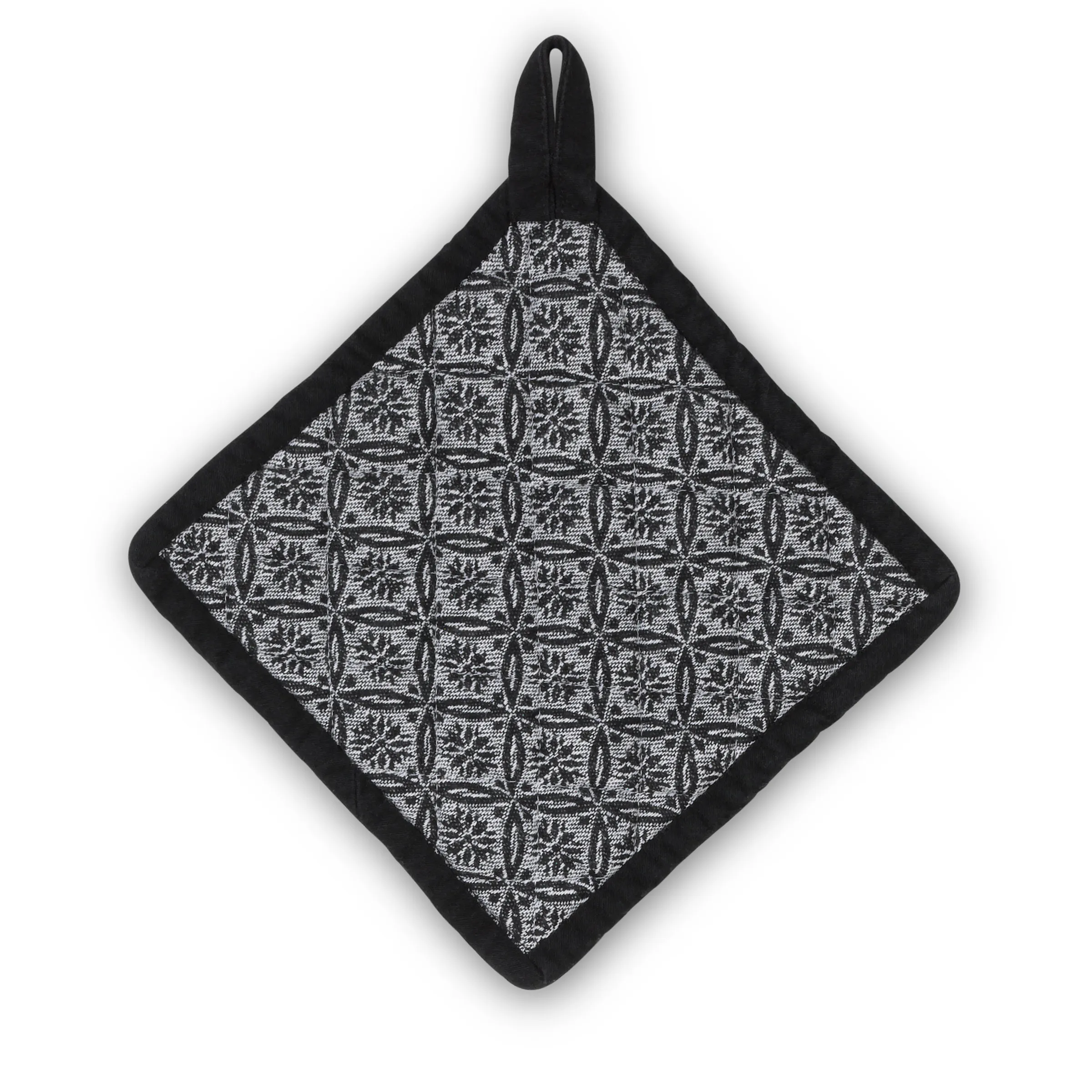 Schwarzes Topflappen mit geometrischem Muster aus silbernen Ornamenten und Aufhängeschlaufe