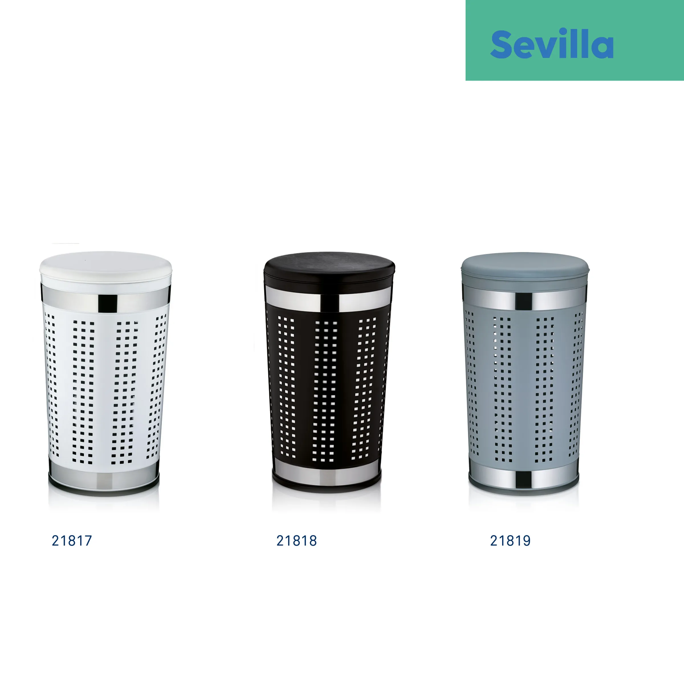 Sevilla Wäschetruhe - Wäschekorb in drei Farben Drei Wäschetruhen der Sevilla Serie in Weiß, Schwarz und Grau mit perforiertem Design und Metallbändern