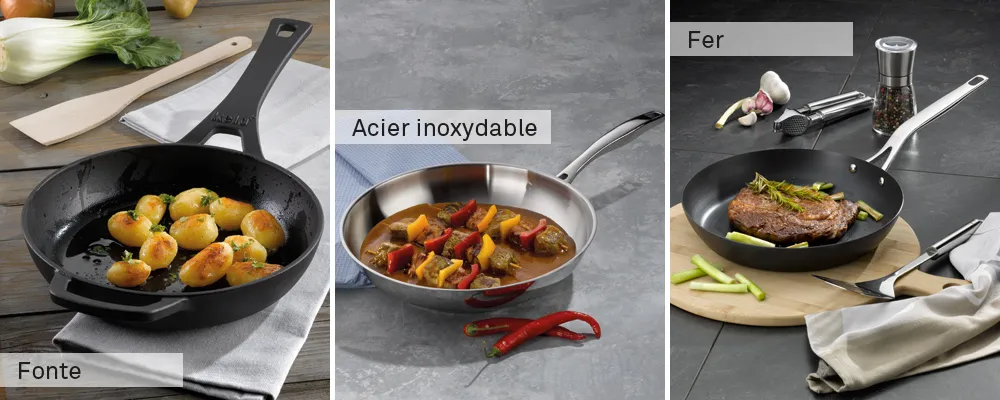Ensemble de poêle en fonte et ustensiles de cuisine en acier inoxydable Trois scènes de cuisson avec différentes poêles : pommes de terre sautées en fonte, ragoût de légumes en acier inoxydable, steak en poêle en fonte noire